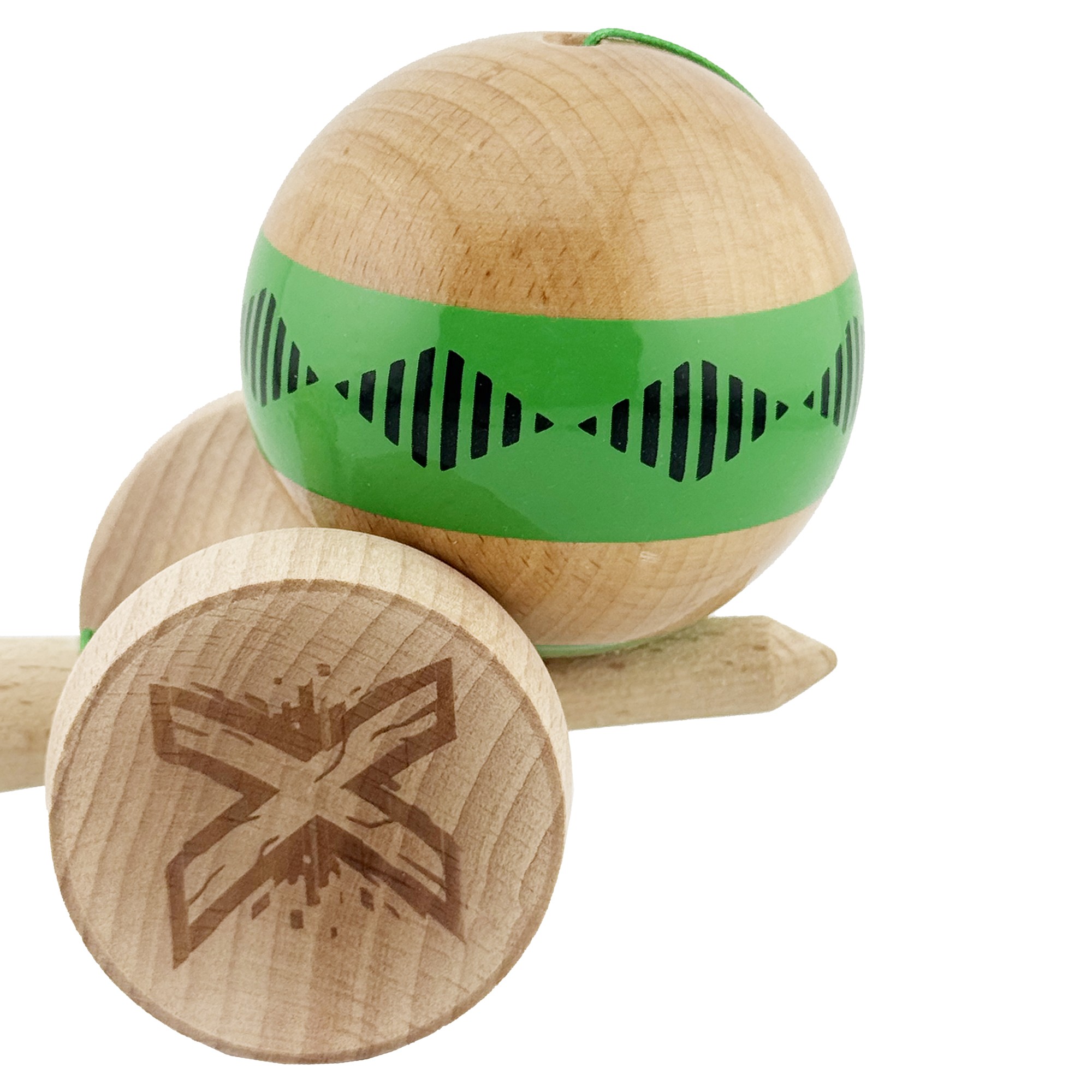 Kendama X Originala FREQUENCY, Profesionala, Flippy, Cupe Mari KING SIZE V3, Super Sticky, Gaura in Baza, Rulment Metalic, din lemn 18 cm, Ata 55 cm, Verde/Maro