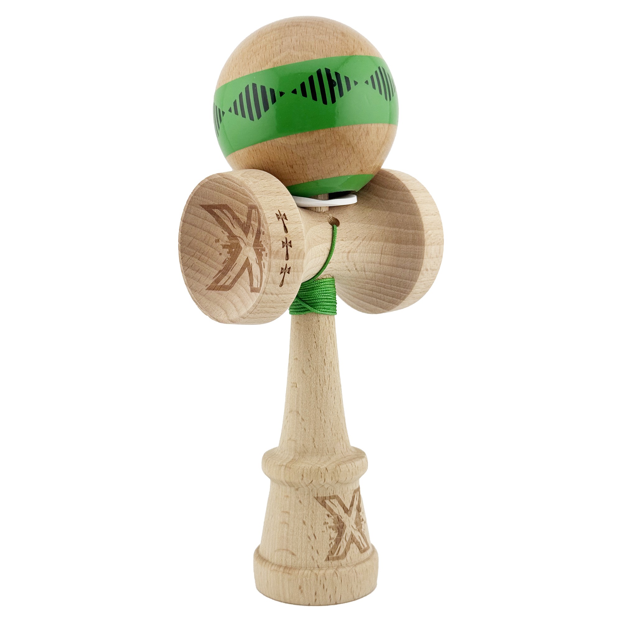 Kendama X Originala FREQUENCY, Profesionala, Flippy, Cupe Mari KING SIZE V3, Super Sticky, Gaura in Baza, Rulment Metalic, din lemn 18 cm, Ata 55 cm, Verde/Maro