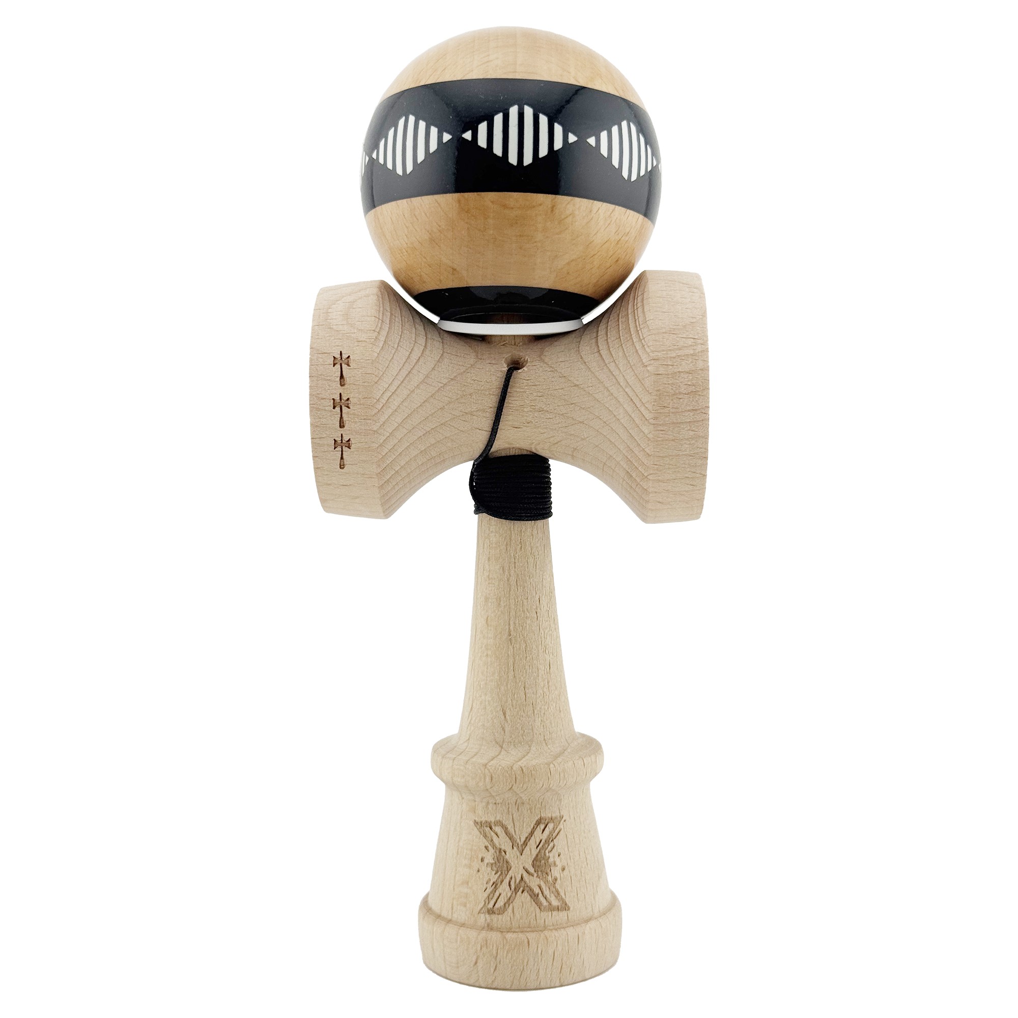 Kendama X Originala FREQUENCY, Profesionala, Flippy, Cupe Mari KING SIZE V3, Super Sticky, Gaura in Baza, Rulment Metalic, din lemn 18 cm, Ata 55 cm, Negru/Maro