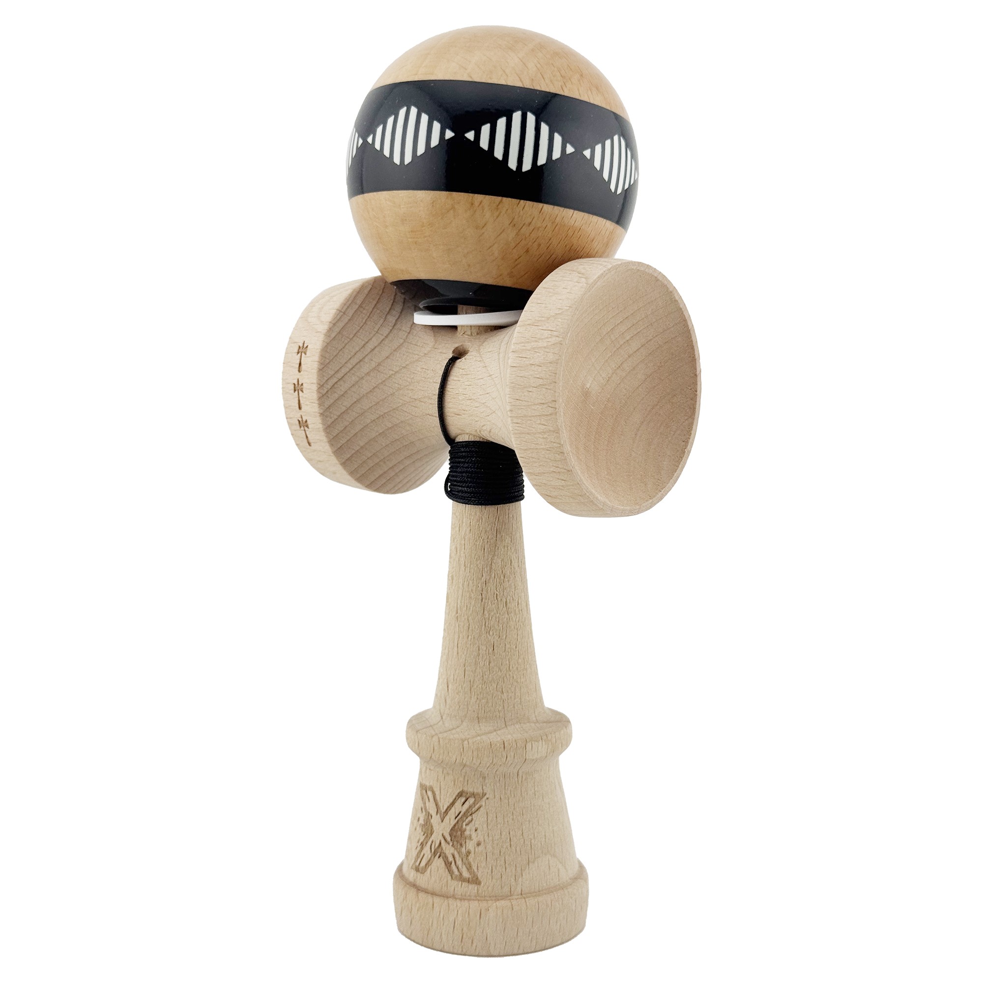 Kendama X Originala FREQUENCY, Profesionala, Flippy, Cupe Mari KING SIZE V3, Super Sticky, Gaura in Baza, Rulment Metalic, din lemn 18 cm, Ata 55 cm, Negru/Maro