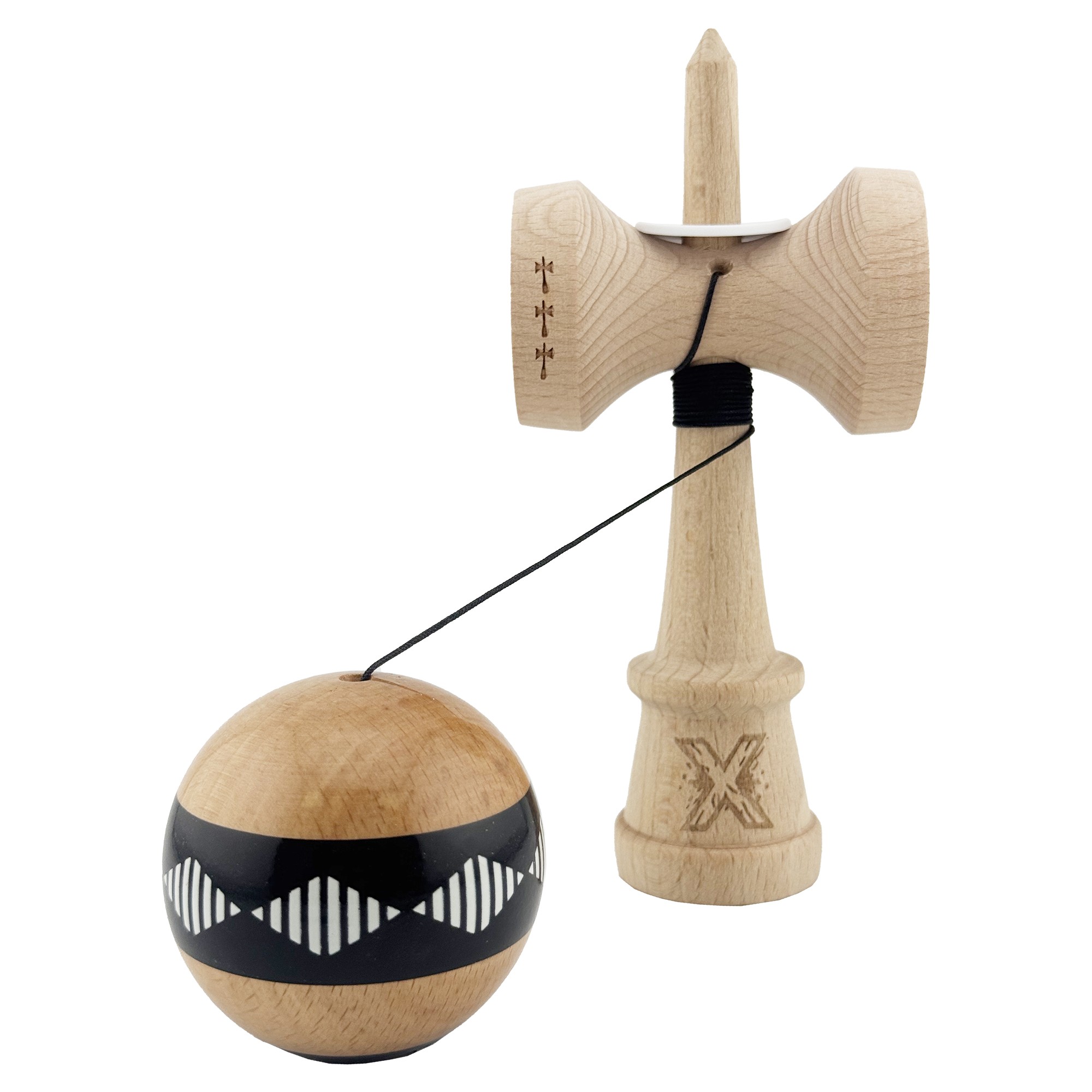 Kendama X Originala FREQUENCY, Profesionala, Flippy, Cupe Mari KING SIZE V3, Super Sticky, Gaura in Baza, Rulment Metalic, din lemn 18 cm, Ata 55 cm, Negru/Maro