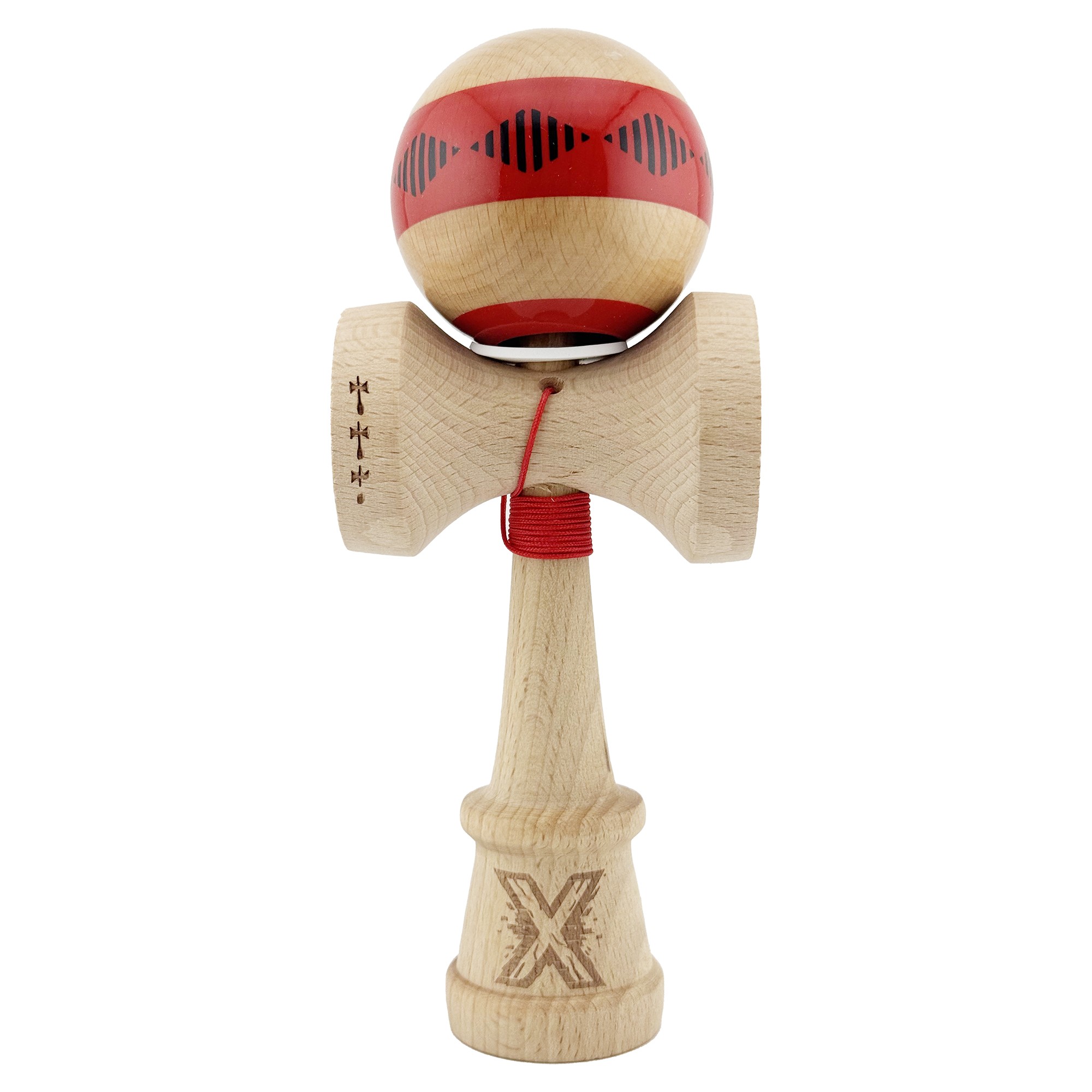 Kendama X Originala FREQUENCY, Profesionala, Flippy, Cupe Mari KING SIZE V3, Super Sticky, Gaura in Baza, Rulment Metalic, din lemn 18 cm, Ata 55 cm, Rosu/Maro