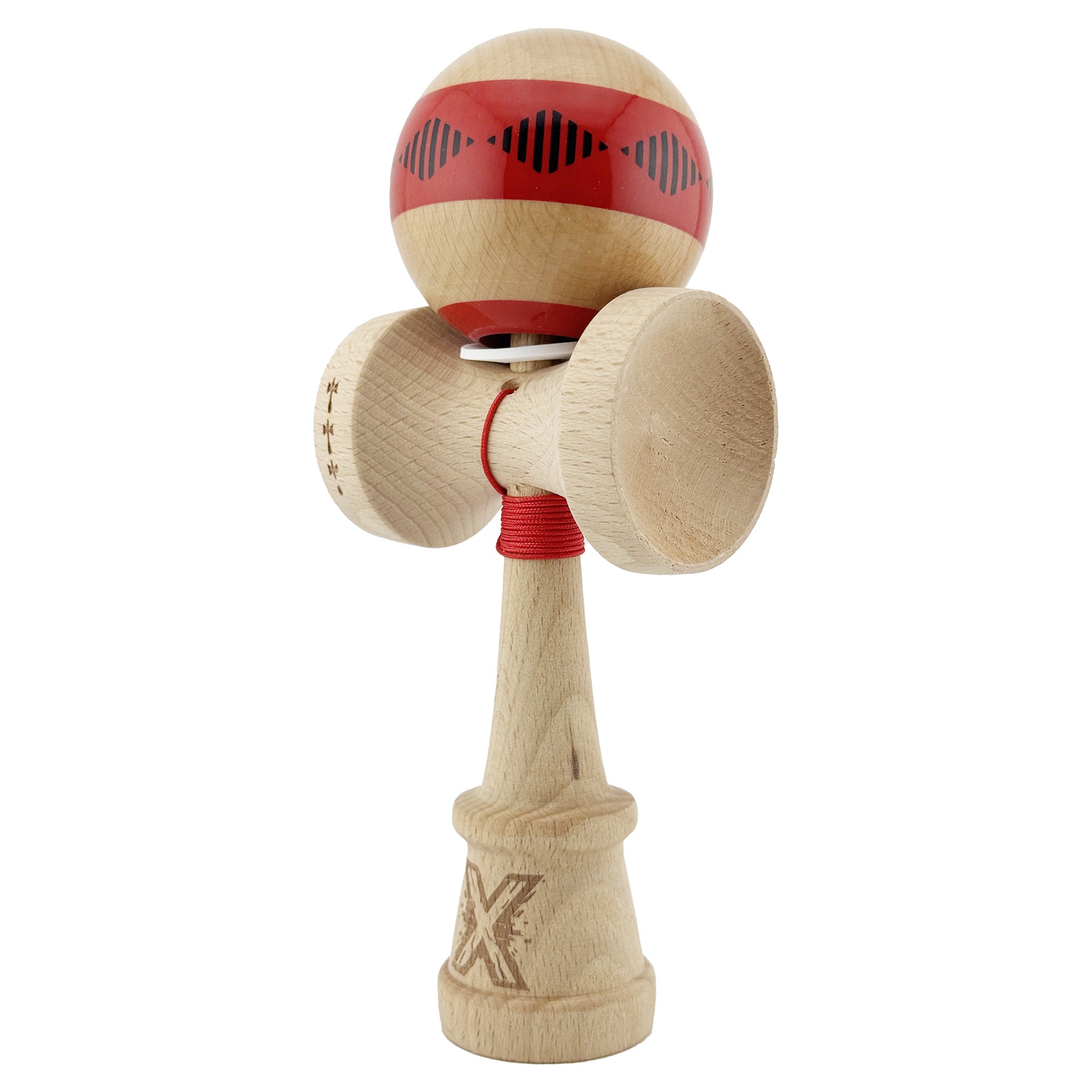Kendama X Originala FREQUENCY, Profesionala, Flippy, Cupe Mari KING SIZE V3, Super Sticky, Gaura in Baza, Rulment Metalic, din lemn 18 cm, Ata 55 cm, Rosu/Maro