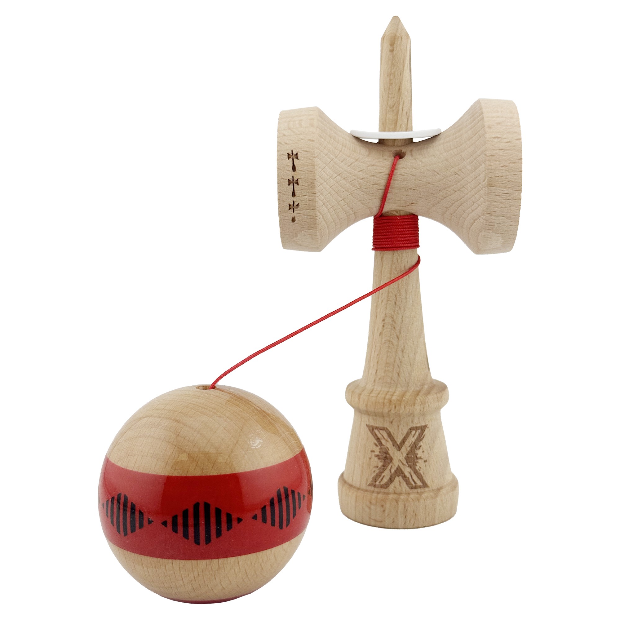 Kendama X Originala FREQUENCY, Profesionala, Flippy, Cupe Mari KING SIZE V3, Super Sticky, Gaura in Baza, Rulment Metalic, din lemn 18 cm, Ata 55 cm, Rosu/Maro