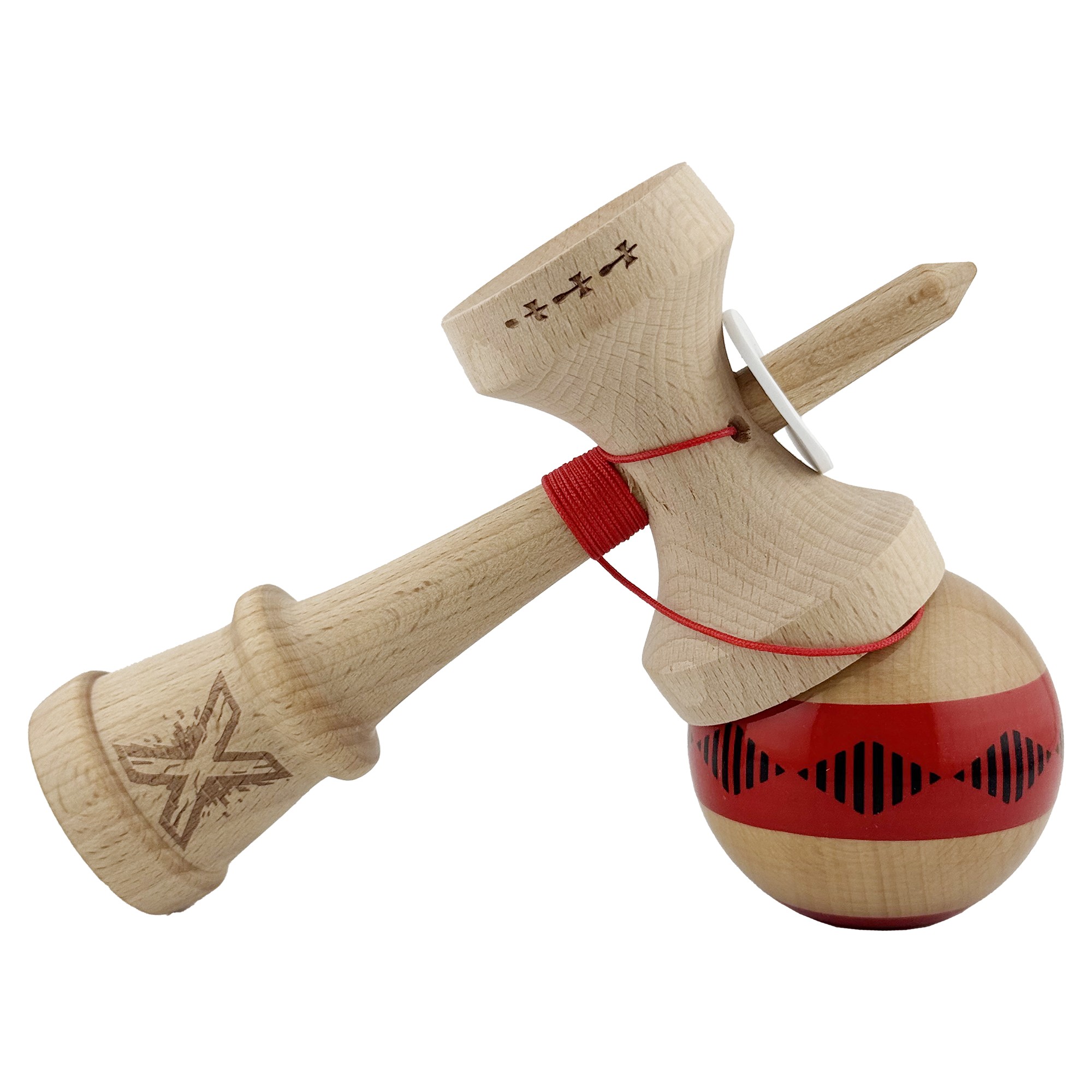 Kendama X Originala FREQUENCY, Profesionala, Flippy, Cupe Mari KING SIZE V3, Super Sticky, Gaura in Baza, Rulment Metalic, din lemn 18 cm, Ata 55 cm, Rosu/Maro