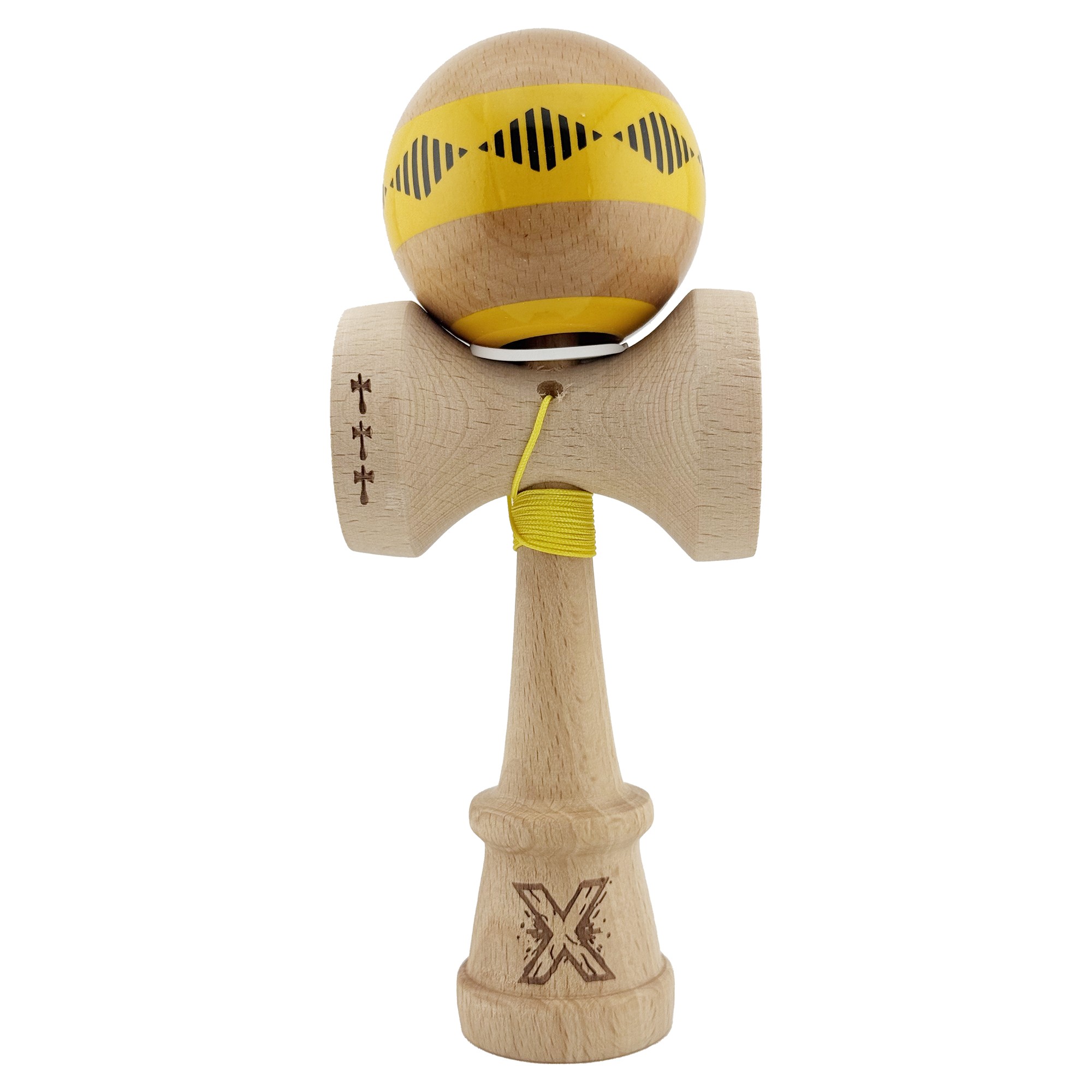 Kendama X Originala FREQUENCY, Profesionala, Flippy, Cupe Mari KING SIZE V3, Super Sticky, Gaura in Baza, Rulment Metalic, din lemn 18 cm, Ata 55 cm, Galben/Maro