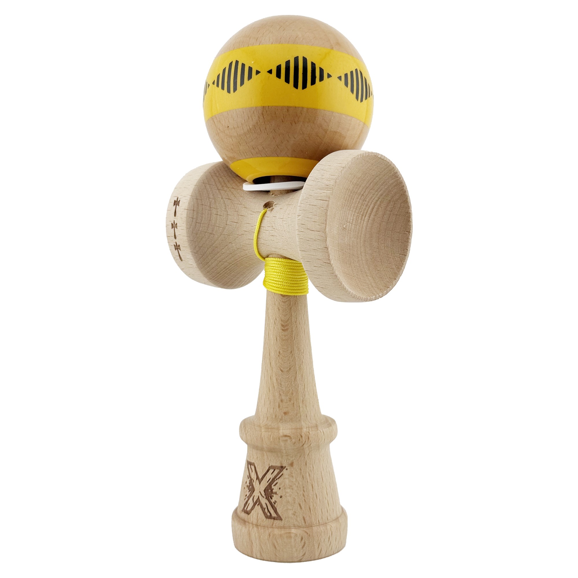 Kendama X Originala FREQUENCY, Profesionala, Flippy, Cupe Mari KING SIZE V3, Super Sticky, Gaura in Baza, Rulment Metalic, din lemn 18 cm, Ata 55 cm, Galben/Maro