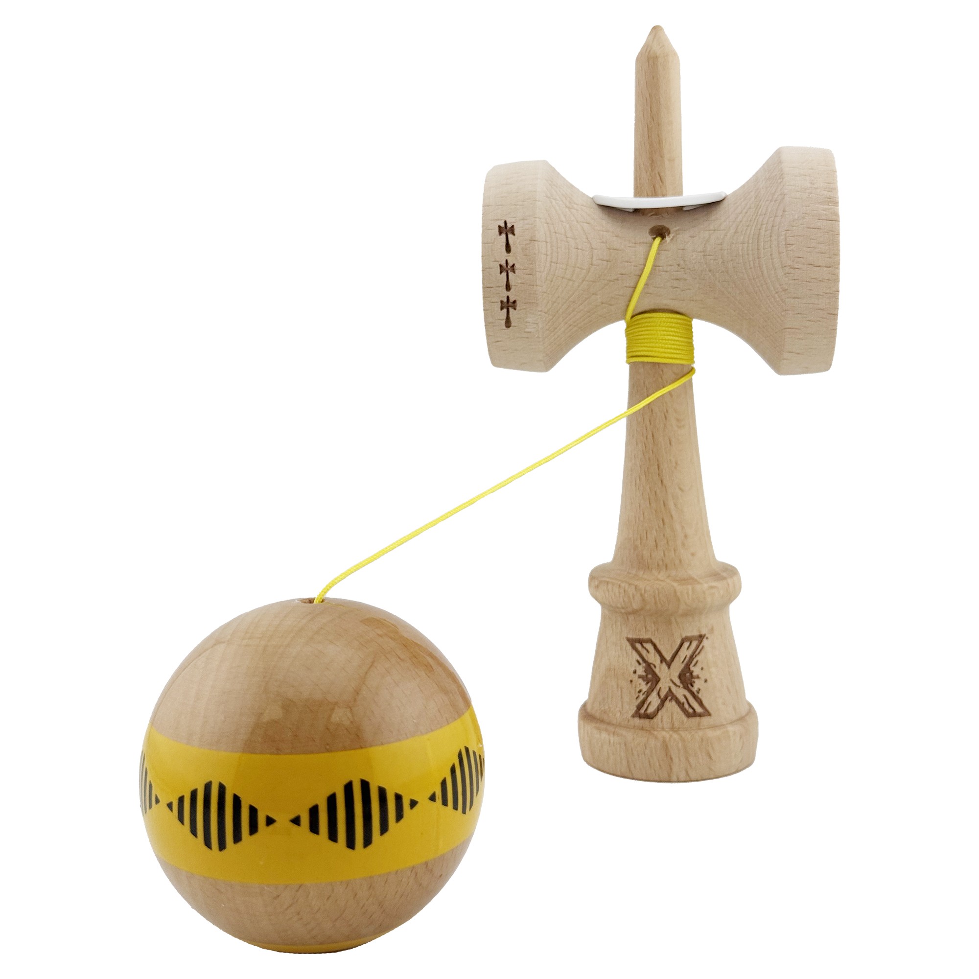 Kendama X Originala FREQUENCY, Profesionala, Flippy, Cupe Mari KING SIZE V3, Super Sticky, Gaura in Baza, Rulment Metalic, din lemn 18 cm, Ata 55 cm, Galben/Maro