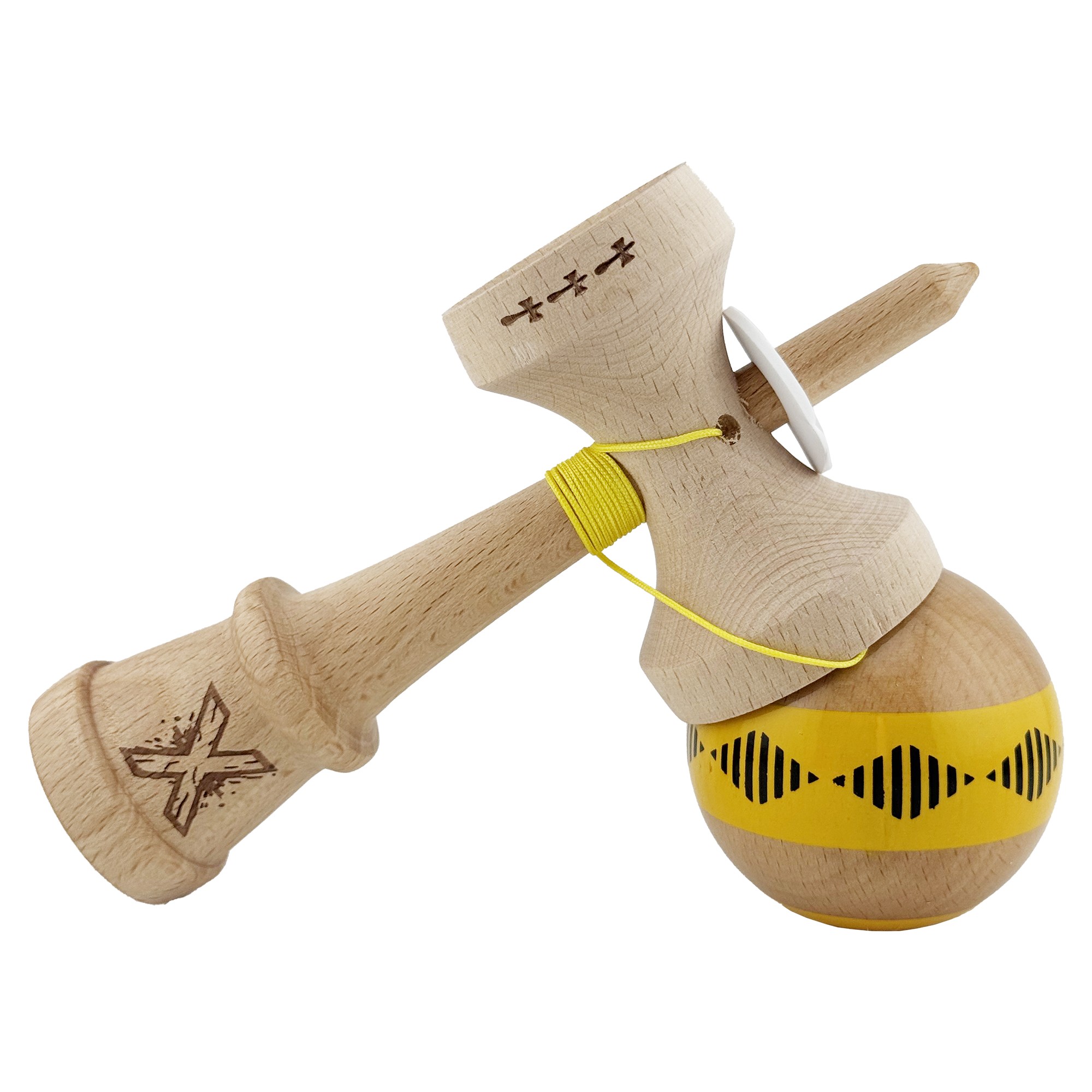 Kendama X Originala FREQUENCY, Profesionala, Flippy, Cupe Mari KING SIZE V3, Super Sticky, Gaura in Baza, Rulment Metalic, din lemn 18 cm, Ata 55 cm, Galben/Maro