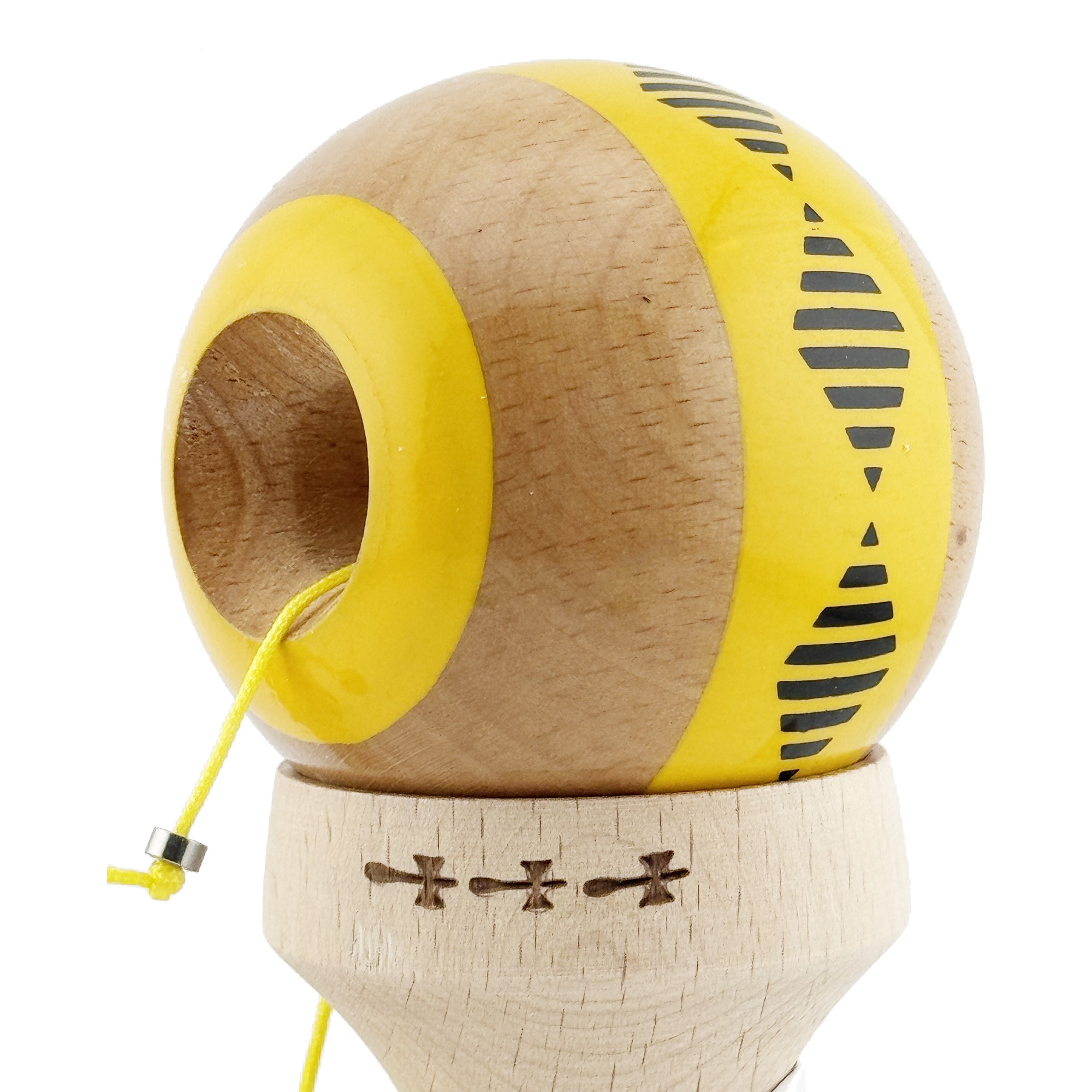 Kendama X Originala FREQUENCY, Profesionala, Flippy, Cupe Mari KING SIZE V3, Super Sticky, Gaura in Baza, Rulment Metalic, din lemn 18 cm, Ata 55 cm, Galben/Maro