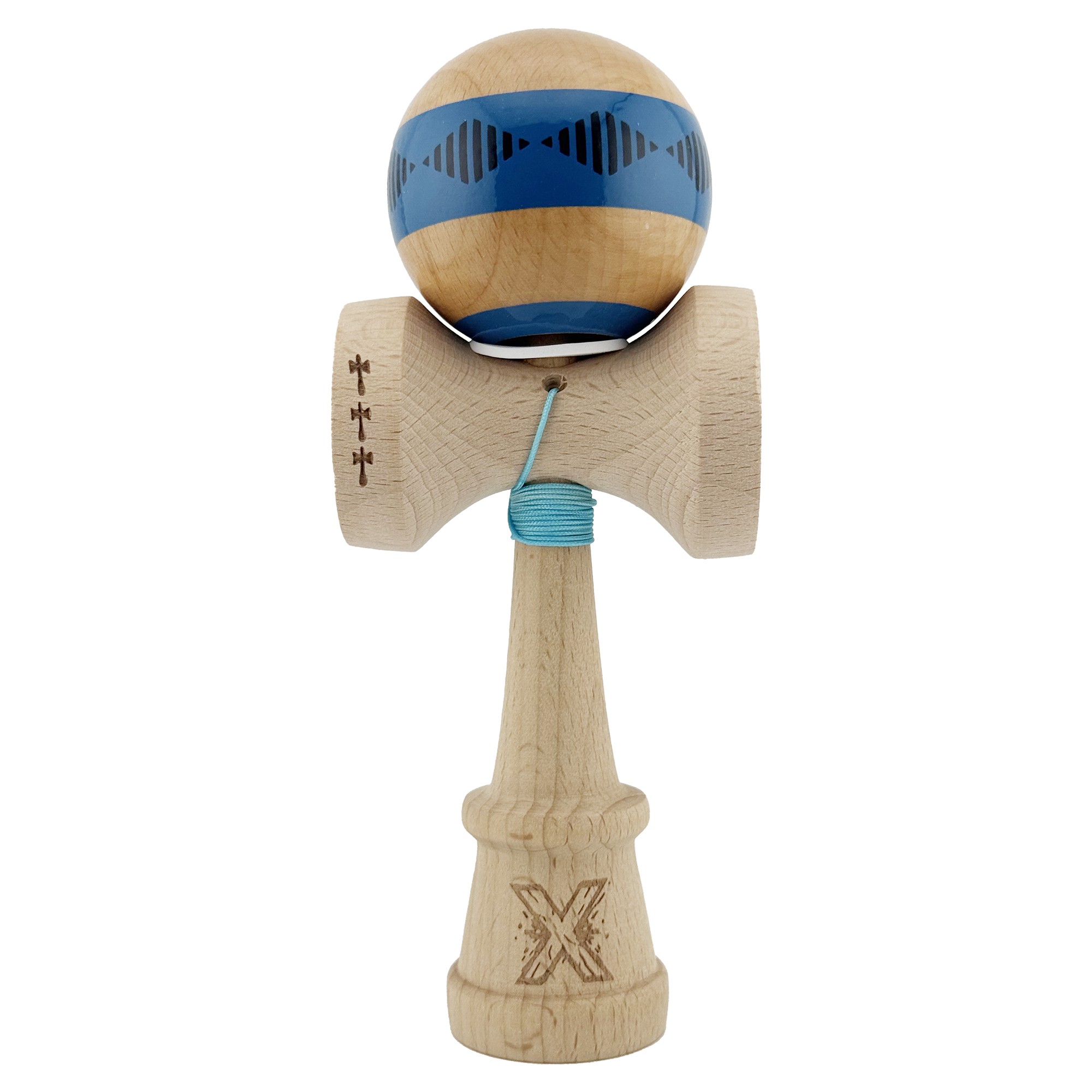 Kendama X Originala FREQUENCY, Profesionala, Flippy, Cupe Mari KING SIZE V3, Super Sticky, Gaura in Baza, Rulment Metalic, din lemn 18 cm, Ata 55 cm, Albastru/Maro