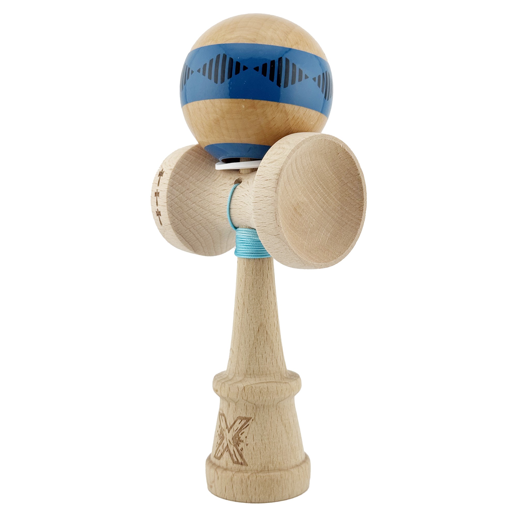 Kendama X Originala FREQUENCY, Profesionala, Flippy, Cupe Mari KING SIZE V3, Super Sticky, Gaura in Baza, Rulment Metalic, din lemn 18 cm, Ata 55 cm, Albastru/Maro