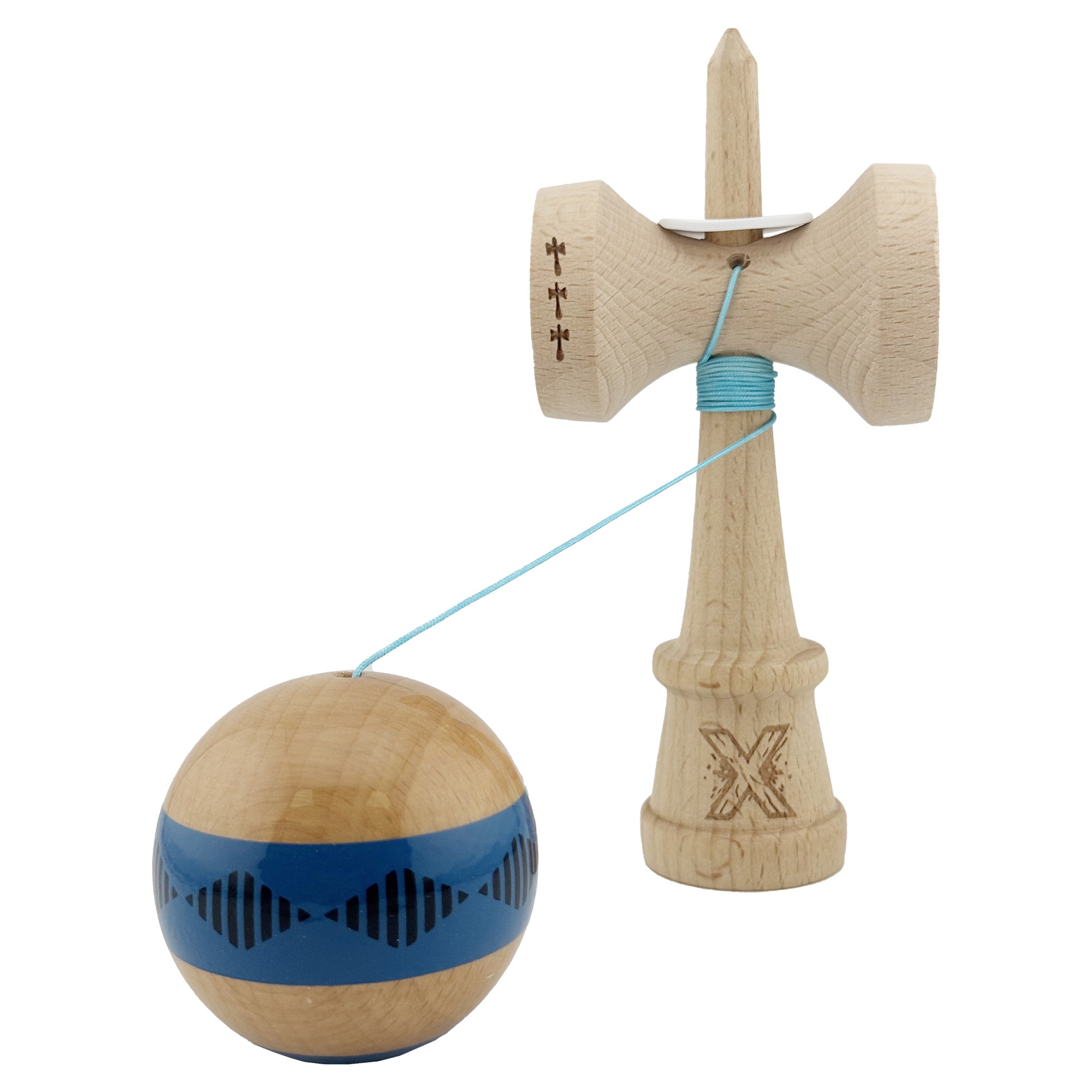 Kendama X Originala FREQUENCY, Profesionala, Flippy, Cupe Mari KING SIZE V3, Super Sticky, Gaura in Baza, Rulment Metalic, din lemn 18 cm, Ata 55 cm, Albastru/Maro