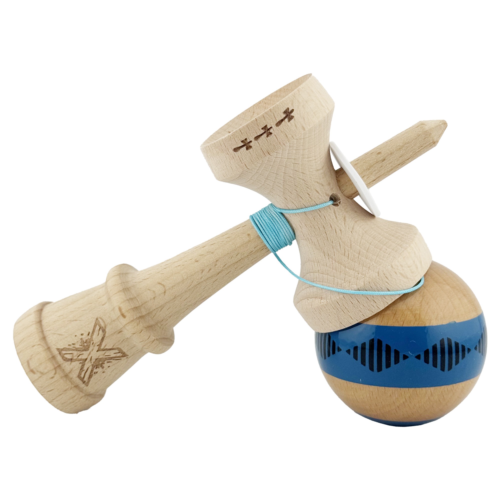 Kendama X Originala FREQUENCY, Profesionala, Flippy, Cupe Mari KING SIZE V3, Super Sticky, Gaura in Baza, Rulment Metalic, din lemn 18 cm, Ata 55 cm, Albastru/Maro