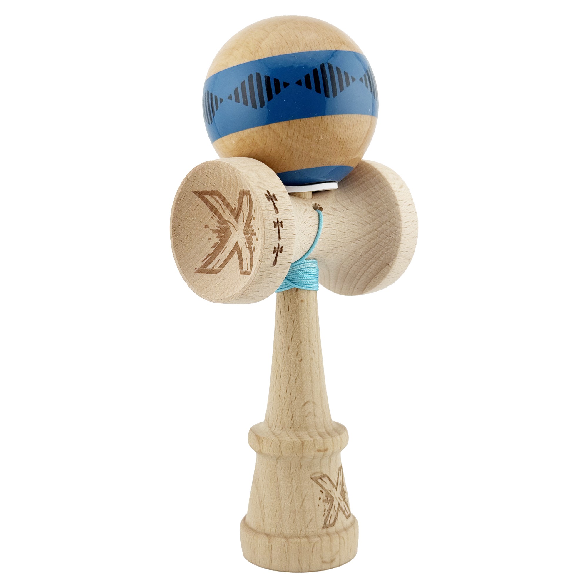 Kendama X Originala FREQUENCY, Profesionala, Flippy, Cupe Mari KING SIZE V3, Super Sticky, Gaura in Baza, Rulment Metalic, din lemn 18 cm, Ata 55 cm, Albastru/Maro