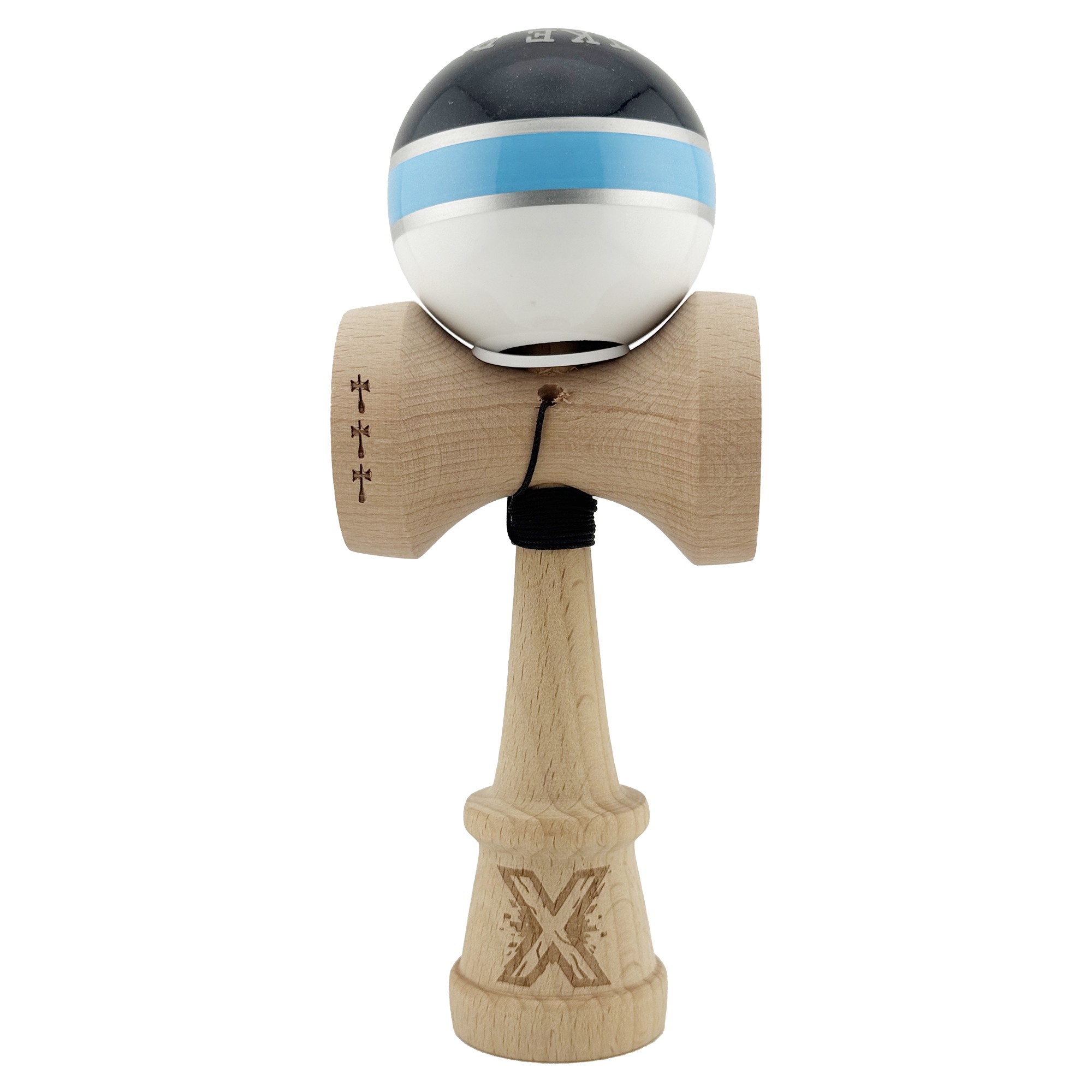 Kendama X Originala ROYAL SPIKE, Profesionala, Flippy, Cupe Mari KING SIZE V3, Super Sticky, Gaura in Baza, Rulment Metalic, din lemn 18 cm, Ata 55 cm, Inel Albastru deschis