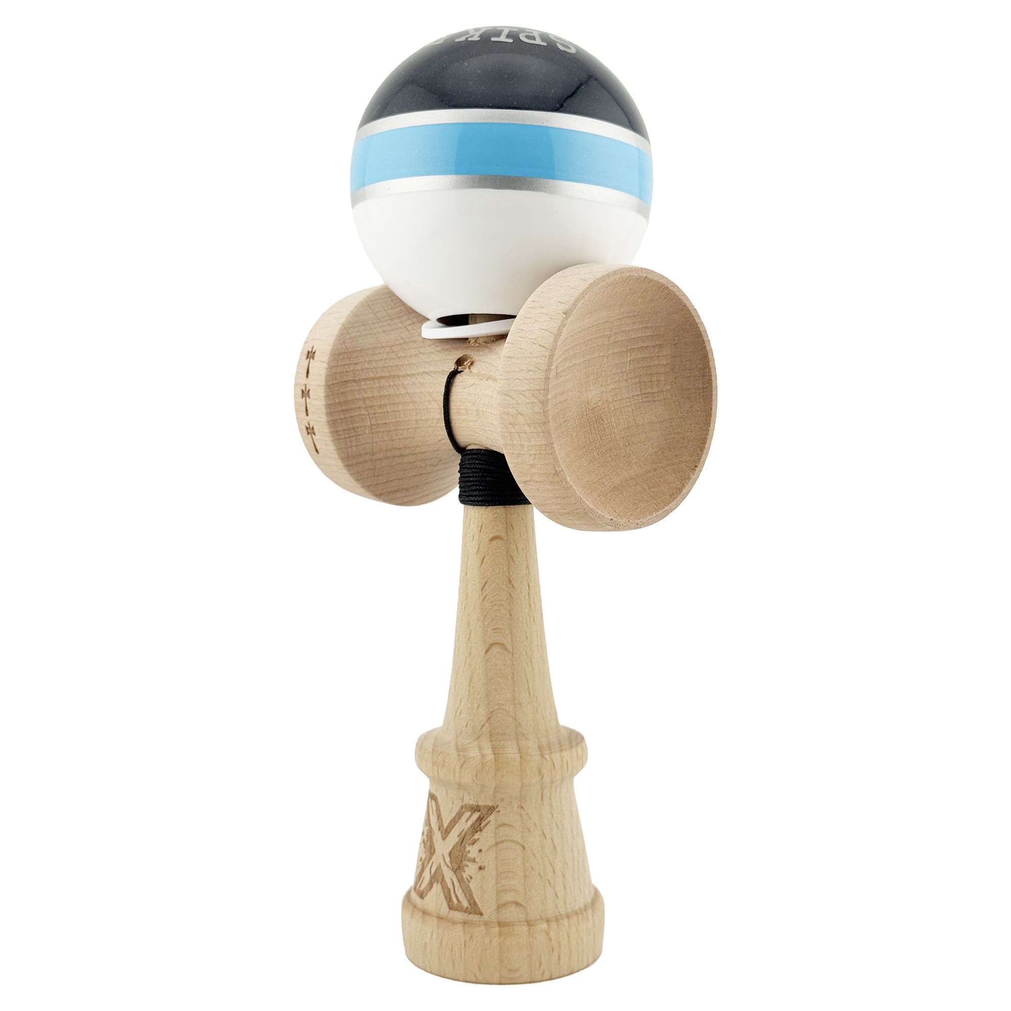 Kendama X Originala ROYAL SPIKE, Profesionala, Flippy, Cupe Mari KING SIZE V3, Super Sticky, Gaura in Baza, Rulment Metalic, din lemn 18 cm, Ata 55 cm, Inel Albastru deschis