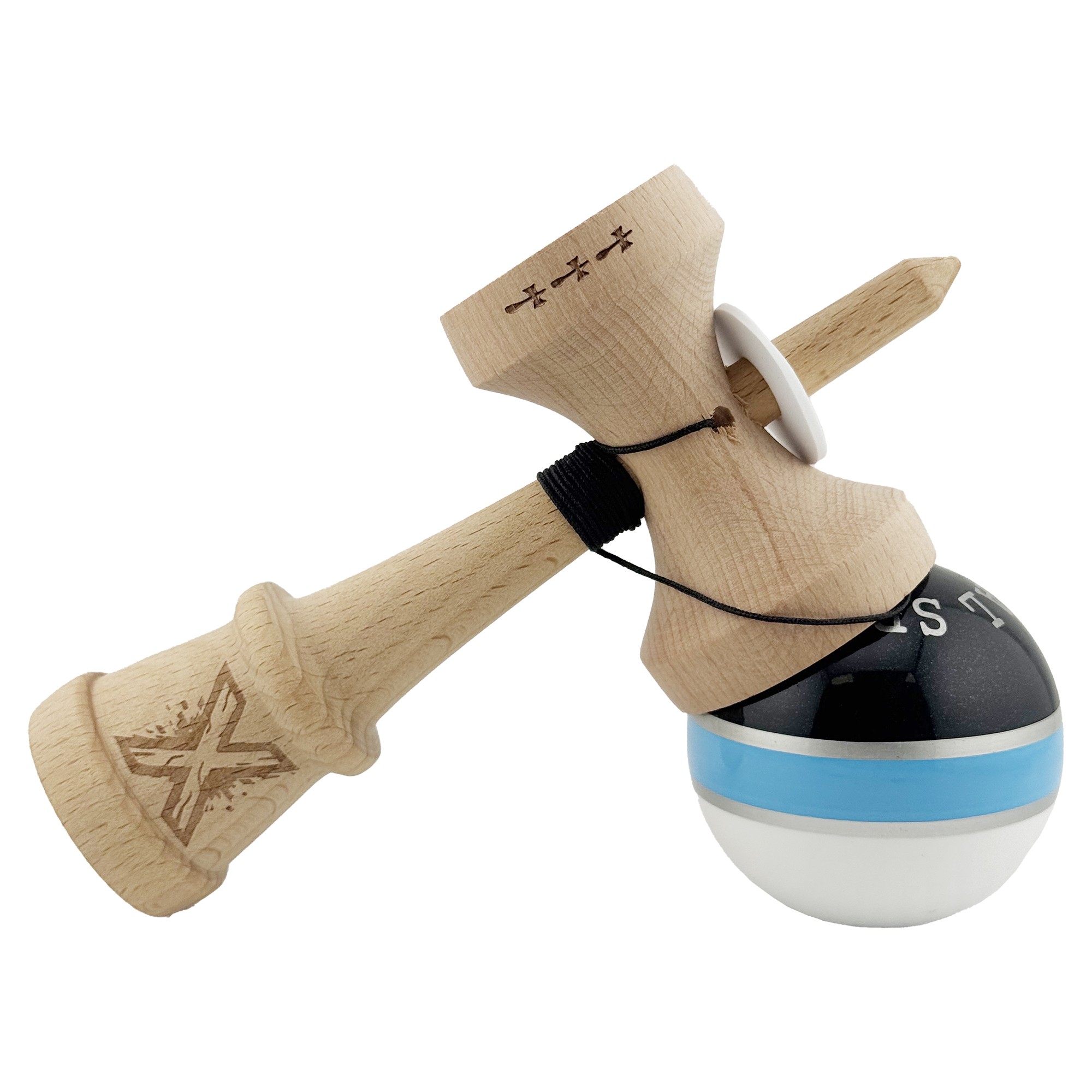 Kendama X Originala ROYAL SPIKE, Profesionala, Flippy, Cupe Mari KING SIZE V3, Super Sticky, Gaura in Baza, Rulment Metalic, din lemn 18 cm, Ata 55 cm, Inel Albastru deschis