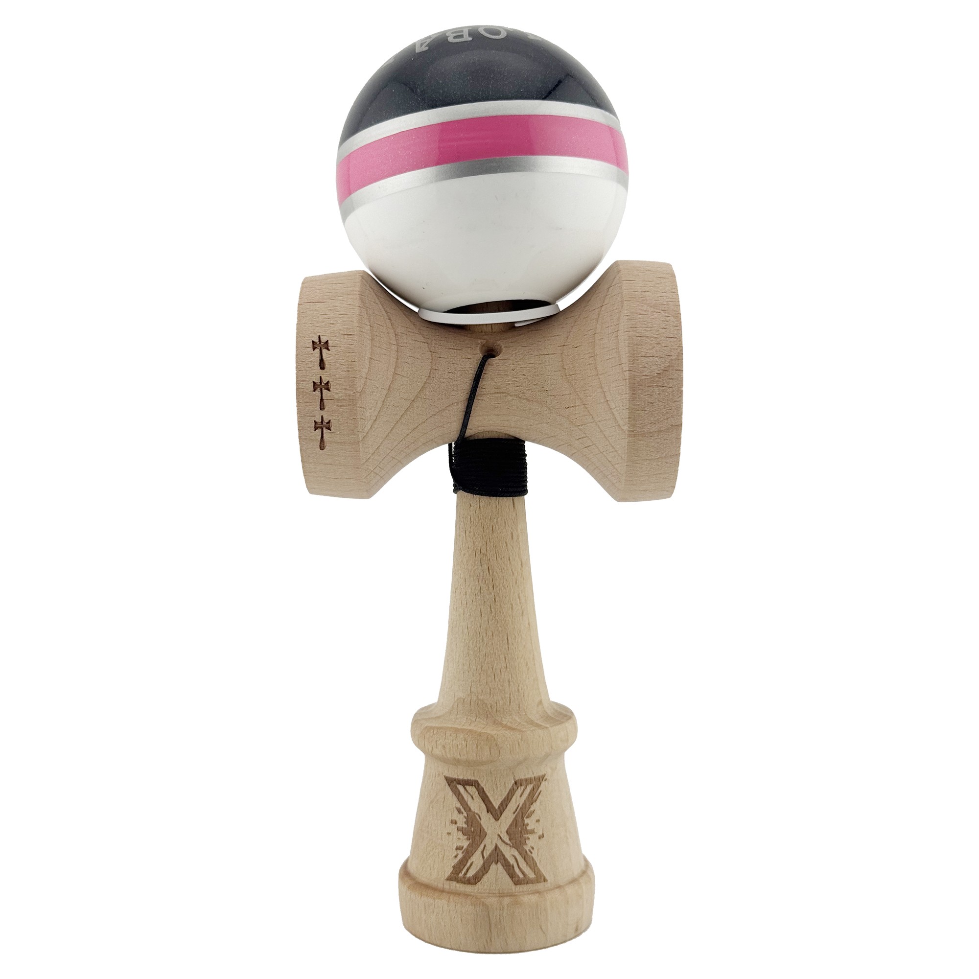 Kendama X Originala ROYAL SPIKE, Profesionala, Flippy, Cupe Mari KING SIZE V3, Super Sticky, Gaura in Baza, Rulment Metalic, din lemn 18 cm, Ata 55 cm, Inel Roz