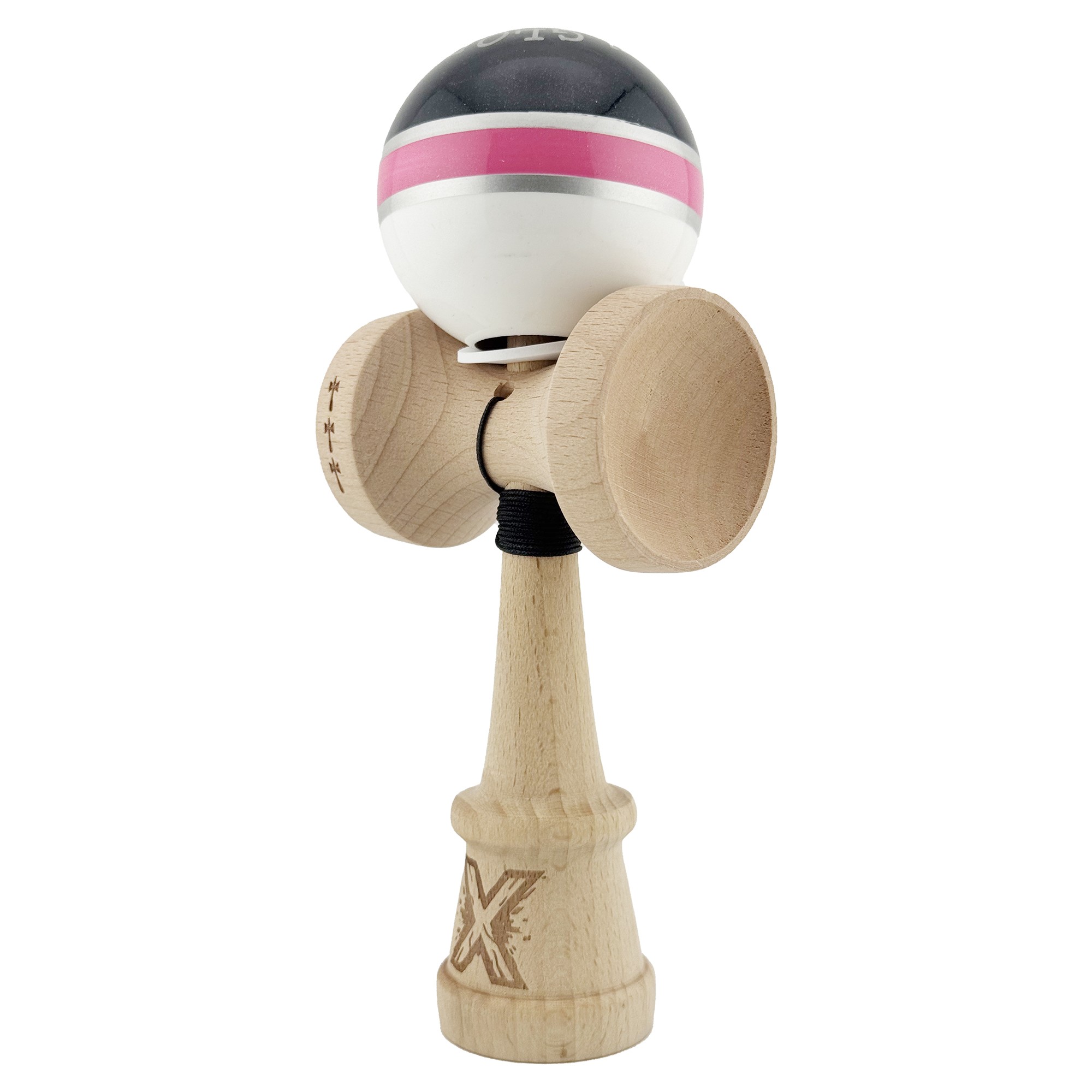 Kendama X Originala ROYAL SPIKE, Profesionala, Flippy, Cupe Mari KING SIZE V3, Super Sticky, Gaura in Baza, Rulment Metalic, din lemn 18 cm, Ata 55 cm, Inel Roz