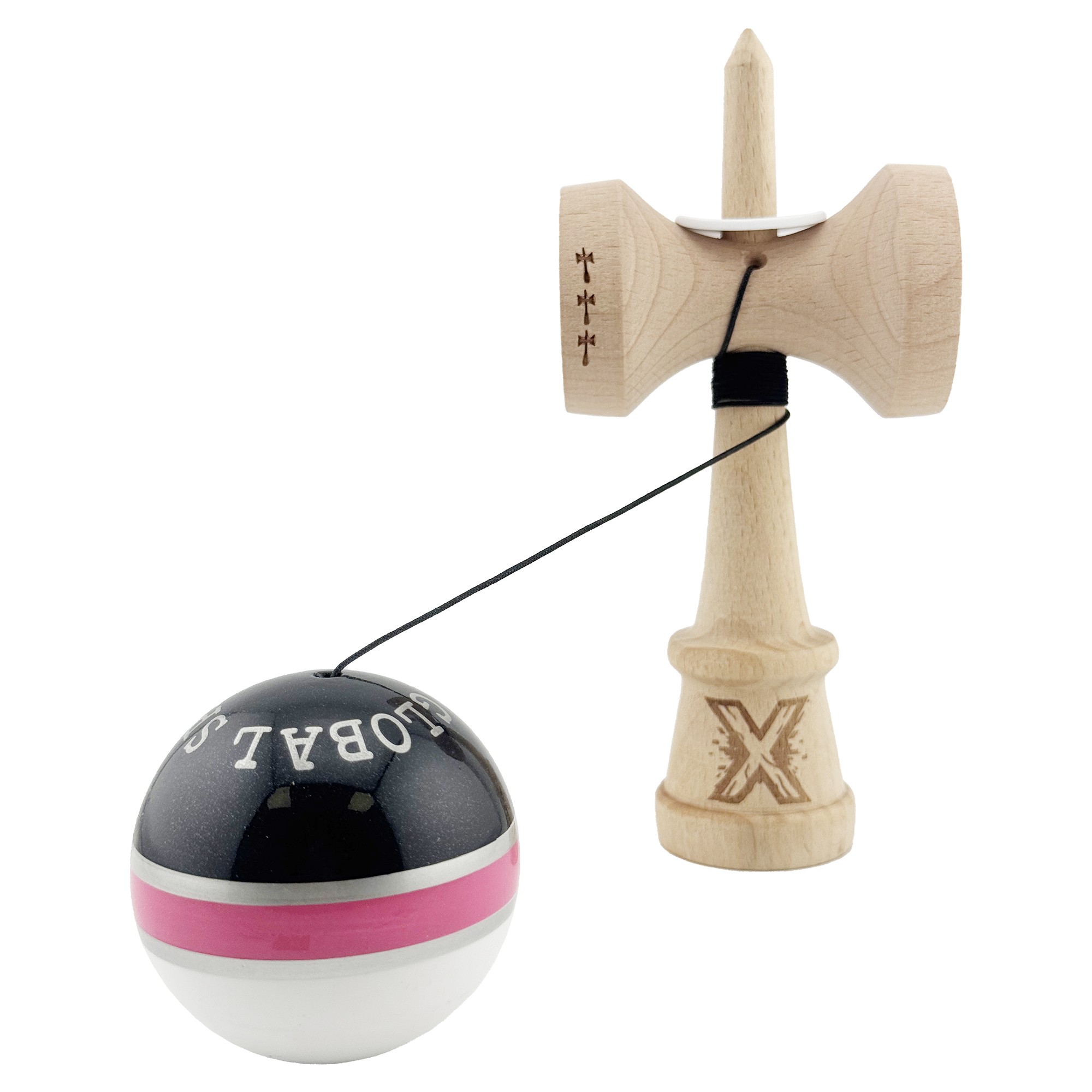 Kendama X Originala ROYAL SPIKE, Profesionala, Flippy, Cupe Mari KING SIZE V3, Super Sticky, Gaura in Baza, Rulment Metalic, din lemn 18 cm, Ata 55 cm, Inel Roz