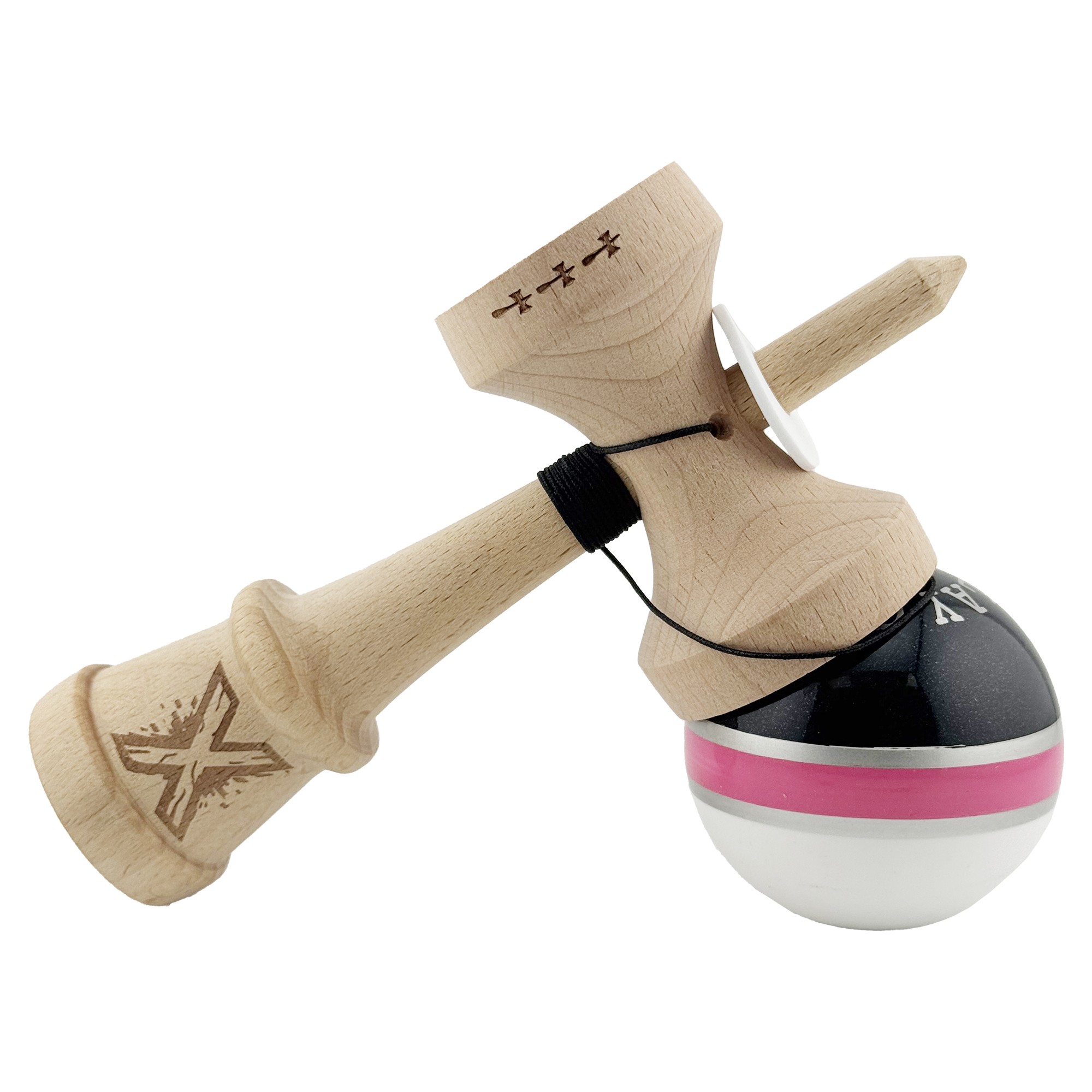 Kendama X Originala ROYAL SPIKE, Profesionala, Flippy, Cupe Mari KING SIZE V3, Super Sticky, Gaura in Baza, Rulment Metalic, din lemn 18 cm, Ata 55 cm, Inel Roz