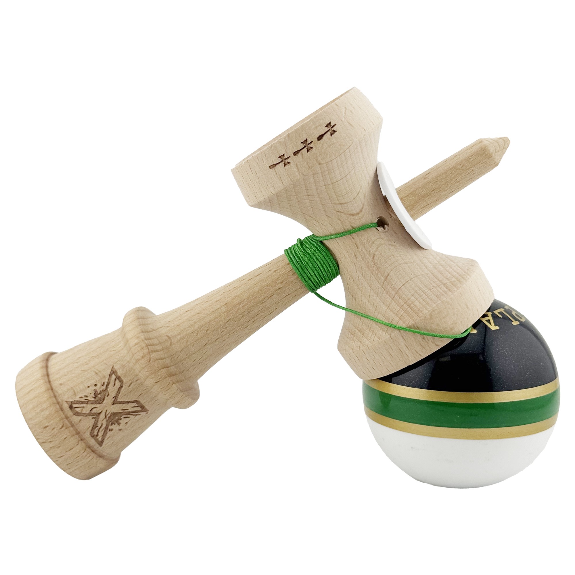 Kendama X Originala ROYAL SPIKE, Profesionala, Flippy, Cupe Mari KING SIZE V3, Super Sticky, Gaura in Baza, Rulment Metalic, din lemn 18 cm, Ata 55 cm, Inel Verde