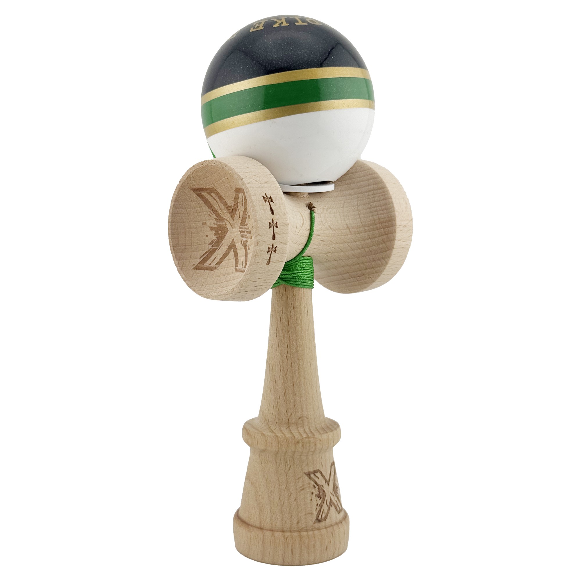 Kendama X Originala ROYAL SPIKE, Profesionala, Flippy, Cupe Mari KING SIZE V3, Super Sticky, Gaura in Baza, Rulment Metalic, din lemn 18 cm, Ata 55 cm, Inel Verde