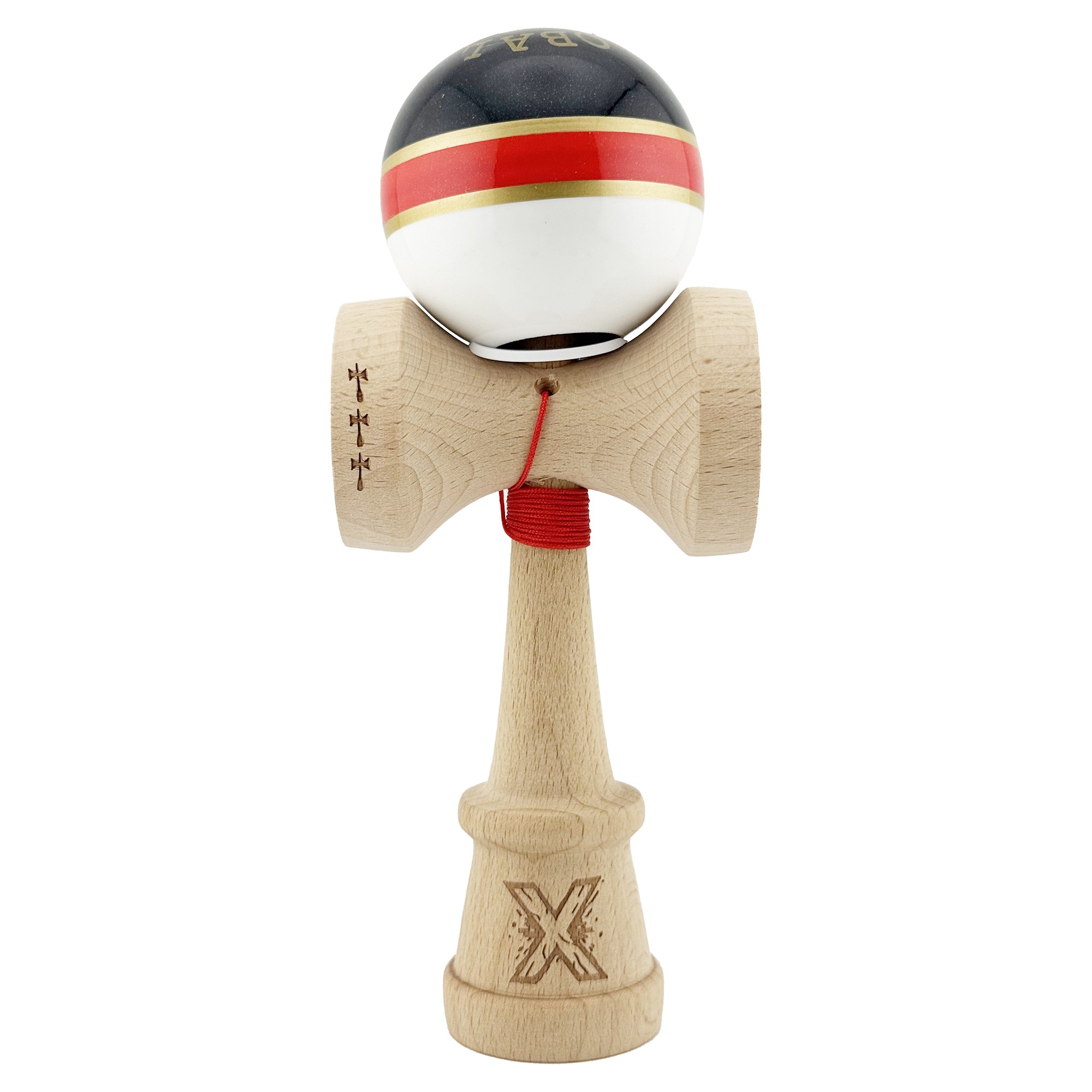 Kendama X Originala ROYAL SPIKE, Profesionala, Flippy, Cupe Mari KING SIZE V3, Super Sticky, Gaura in Baza, Rulment Metalic, din lemn 18 cm, Ata 55 cm, Inel Rosu
