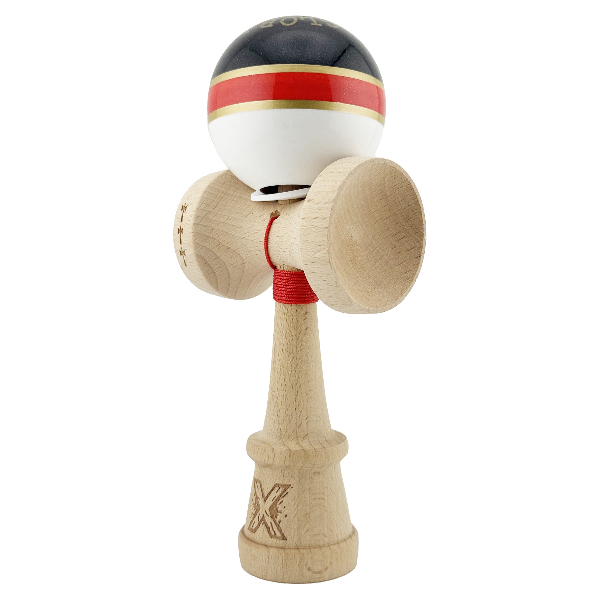 Kendama X Originala ROYAL SPIKE, Profesionala, Flippy, Cupe Mari KING SIZE V3, Super Sticky, Gaura in Baza, Rulment Metalic, din lemn 18 cm, Ata 55 cm, Inel Rosu