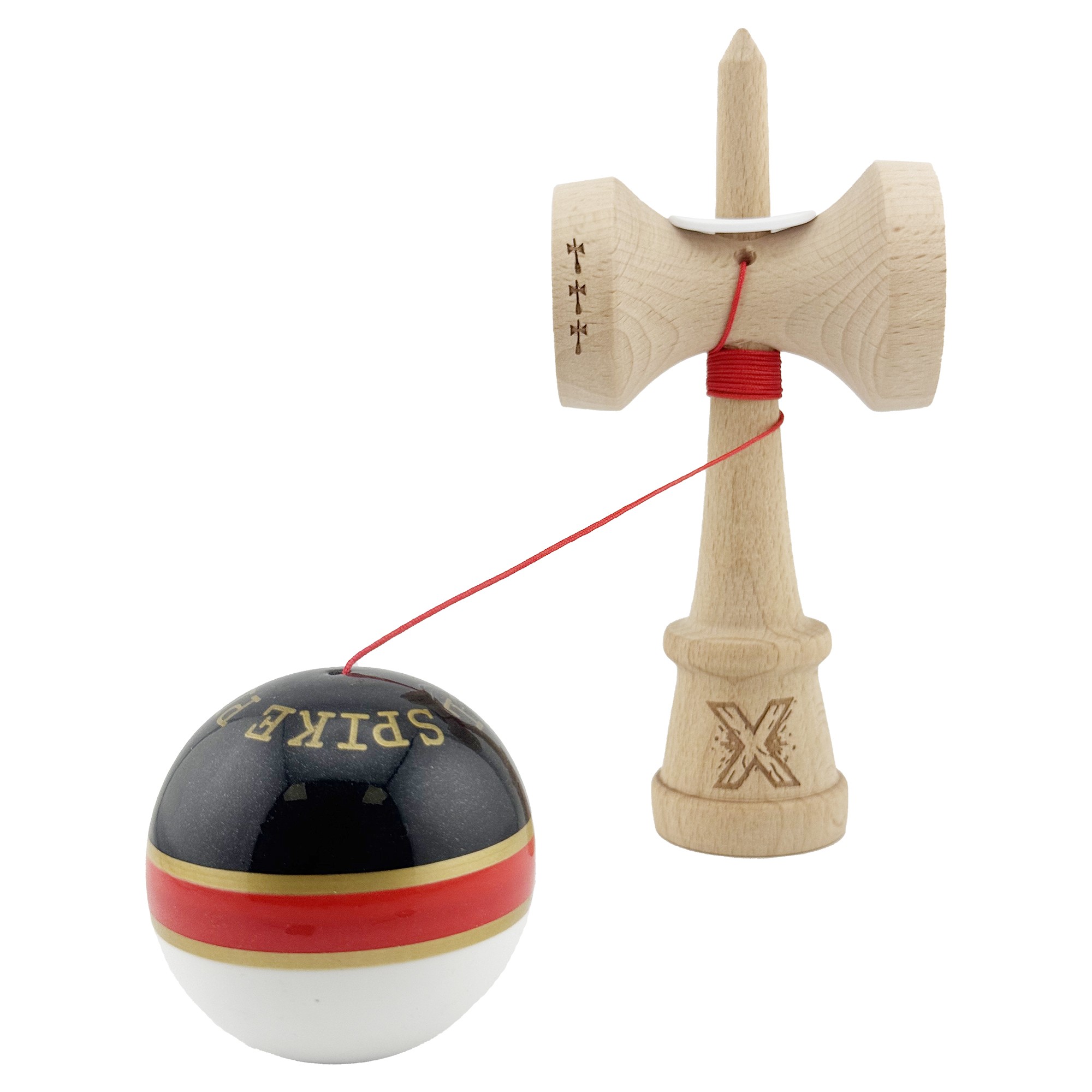 Kendama X Originala ROYAL SPIKE, Profesionala, Flippy, Cupe Mari KING SIZE V3, Super Sticky, Gaura in Baza, Rulment Metalic, din lemn 18 cm, Ata 55 cm, Inel Rosu