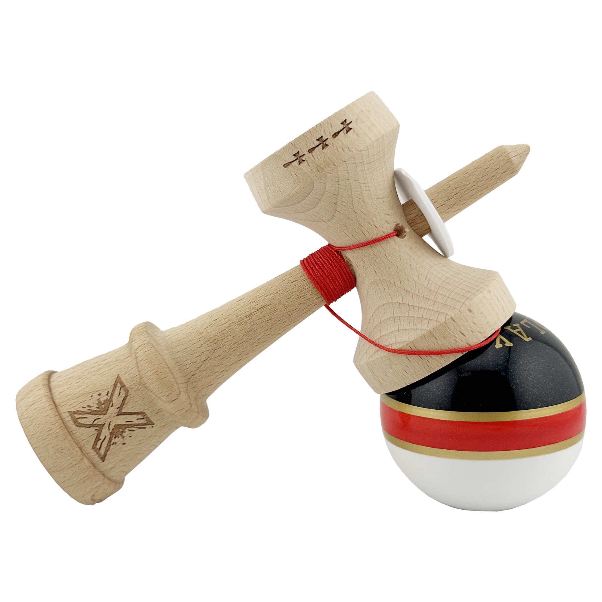 Kendama X Originala ROYAL SPIKE, Profesionala, Flippy, Cupe Mari KING SIZE V3, Super Sticky, Gaura in Baza, Rulment Metalic, din lemn 18 cm, Ata 55 cm, Inel Rosu