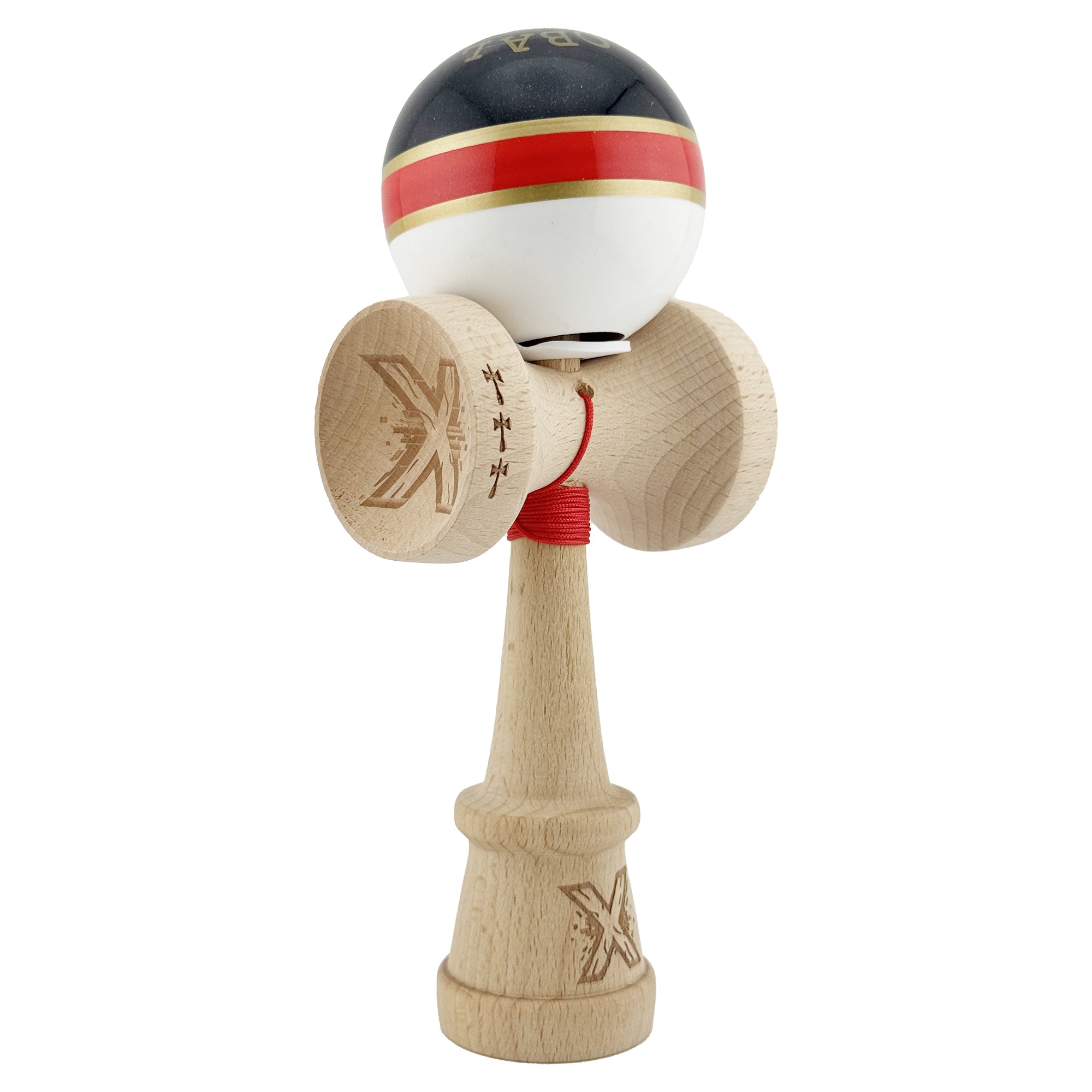 Kendama X Originala ROYAL SPIKE, Profesionala, Flippy, Cupe Mari KING SIZE V3, Super Sticky, Gaura in Baza, Rulment Metalic, din lemn 18 cm, Ata 55 cm, Inel Rosu