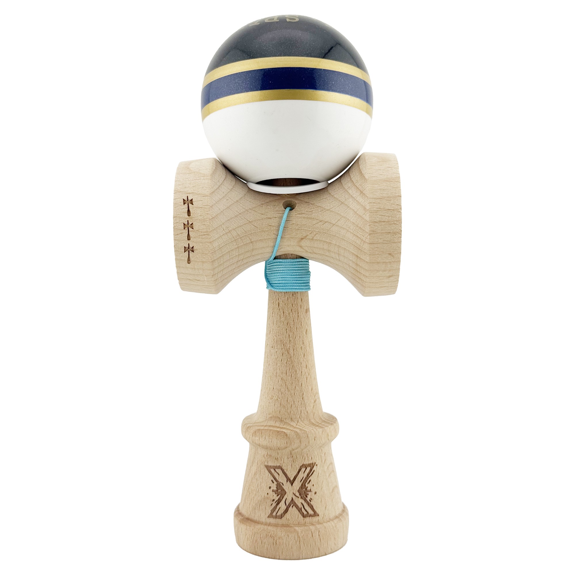 Kendama X Originala ROYAL SPIKE, Profesionala, Flippy, Cupe Mari KING SIZE V3, Super Sticky, Gaura in Baza, Rulment Metalic, din lemn 18 cm, Ata 55 cm, Inel Albastru inchis