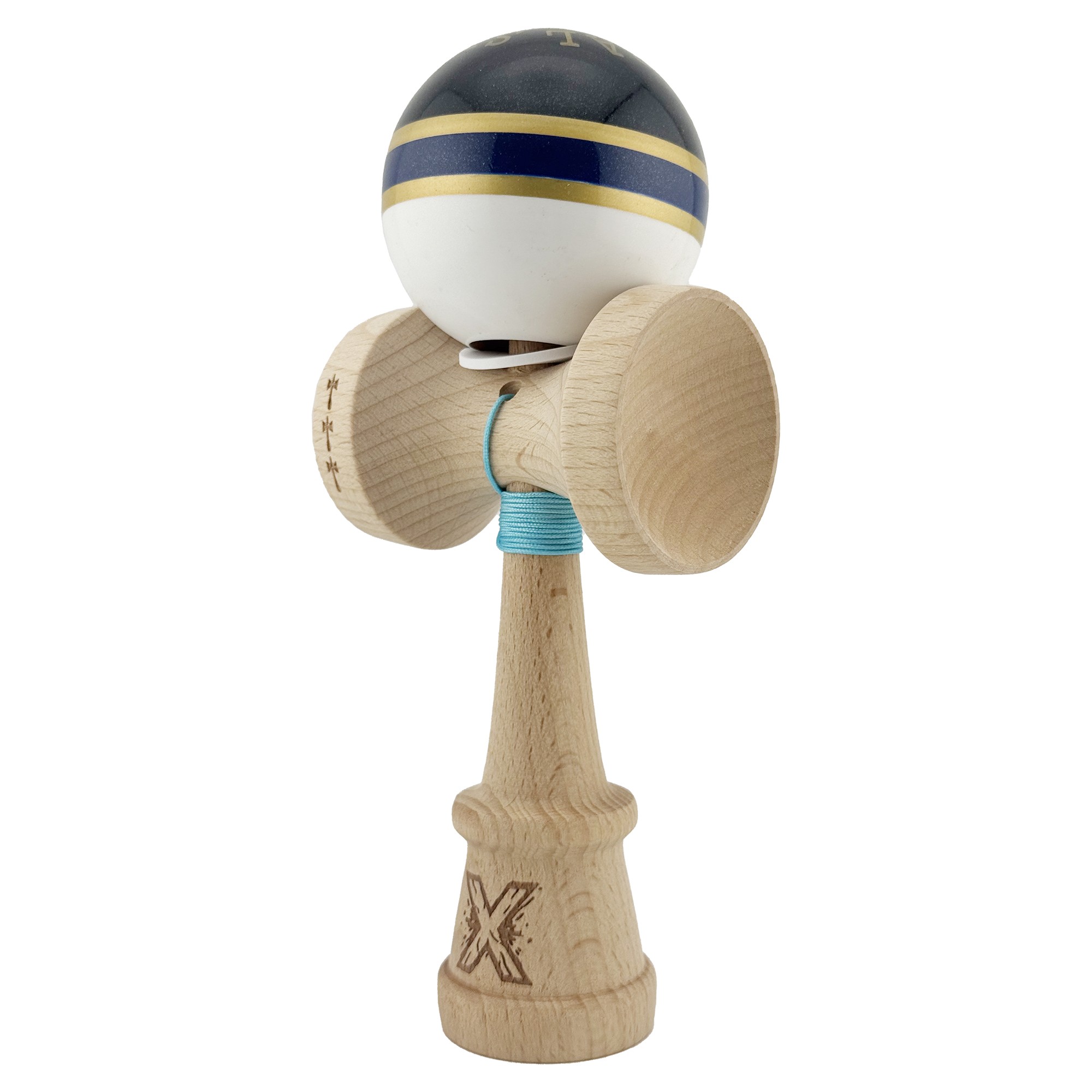 Kendama X Originala ROYAL SPIKE, Profesionala, Flippy, Cupe Mari KING SIZE V3, Super Sticky, Gaura in Baza, Rulment Metalic, din lemn 18 cm, Ata 55 cm, Inel Albastru inchis