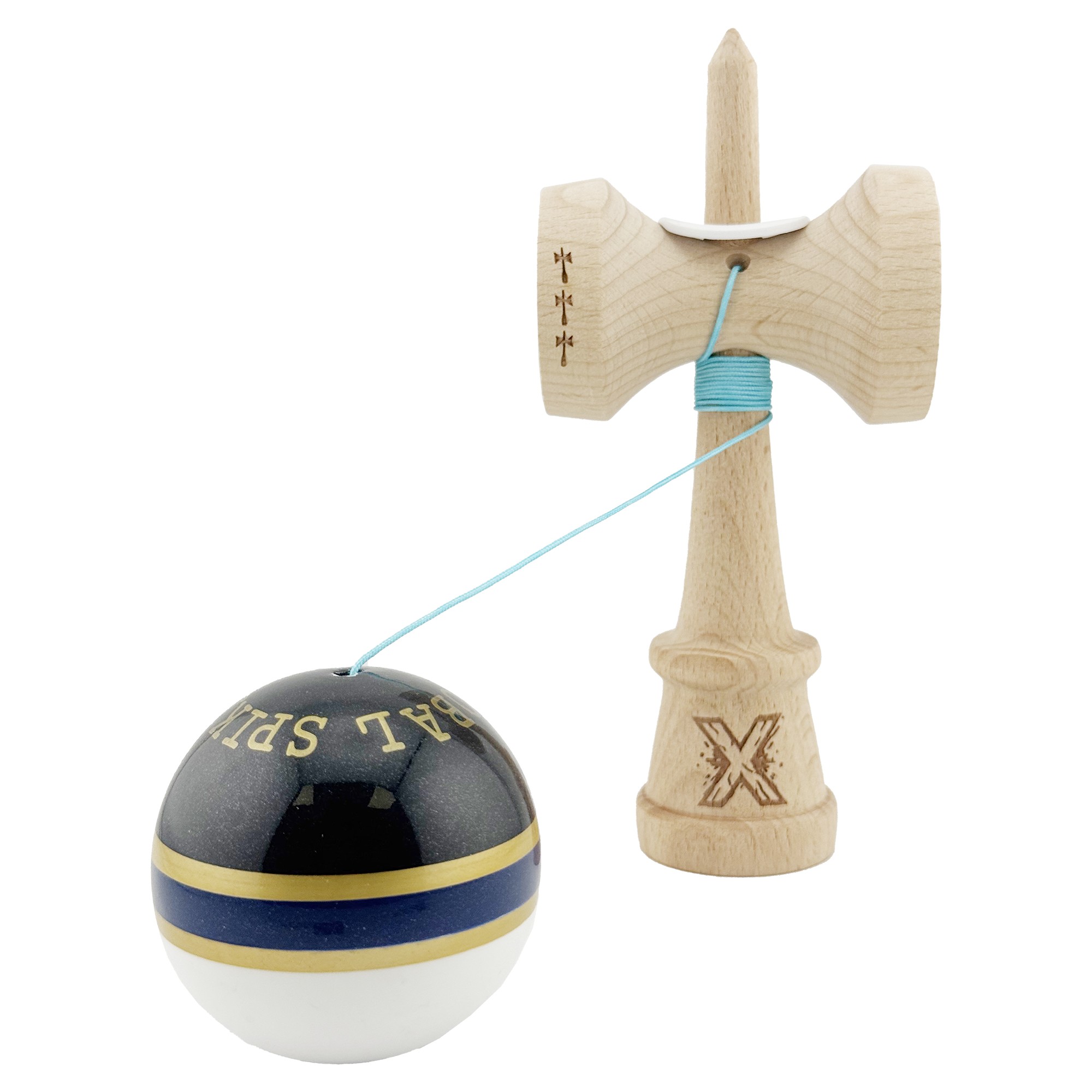 Kendama X Originala ROYAL SPIKE, Profesionala, Flippy, Cupe Mari KING SIZE V3, Super Sticky, Gaura in Baza, Rulment Metalic, din lemn 18 cm, Ata 55 cm, Inel Albastru inchis
