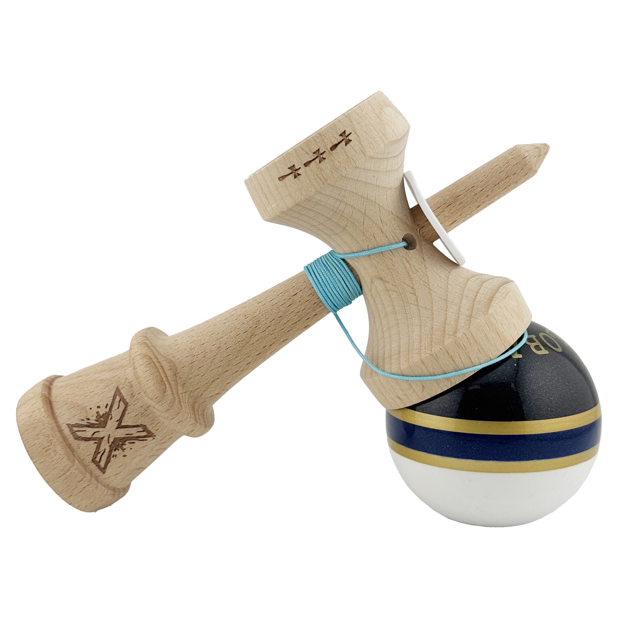 Kendama X Originala ROYAL SPIKE, Profesionala, Flippy, Cupe Mari KING SIZE V3, Super Sticky, Gaura in Baza, Rulment Metalic, din lemn 18 cm, Ata 55 cm, Inel Albastru inchis