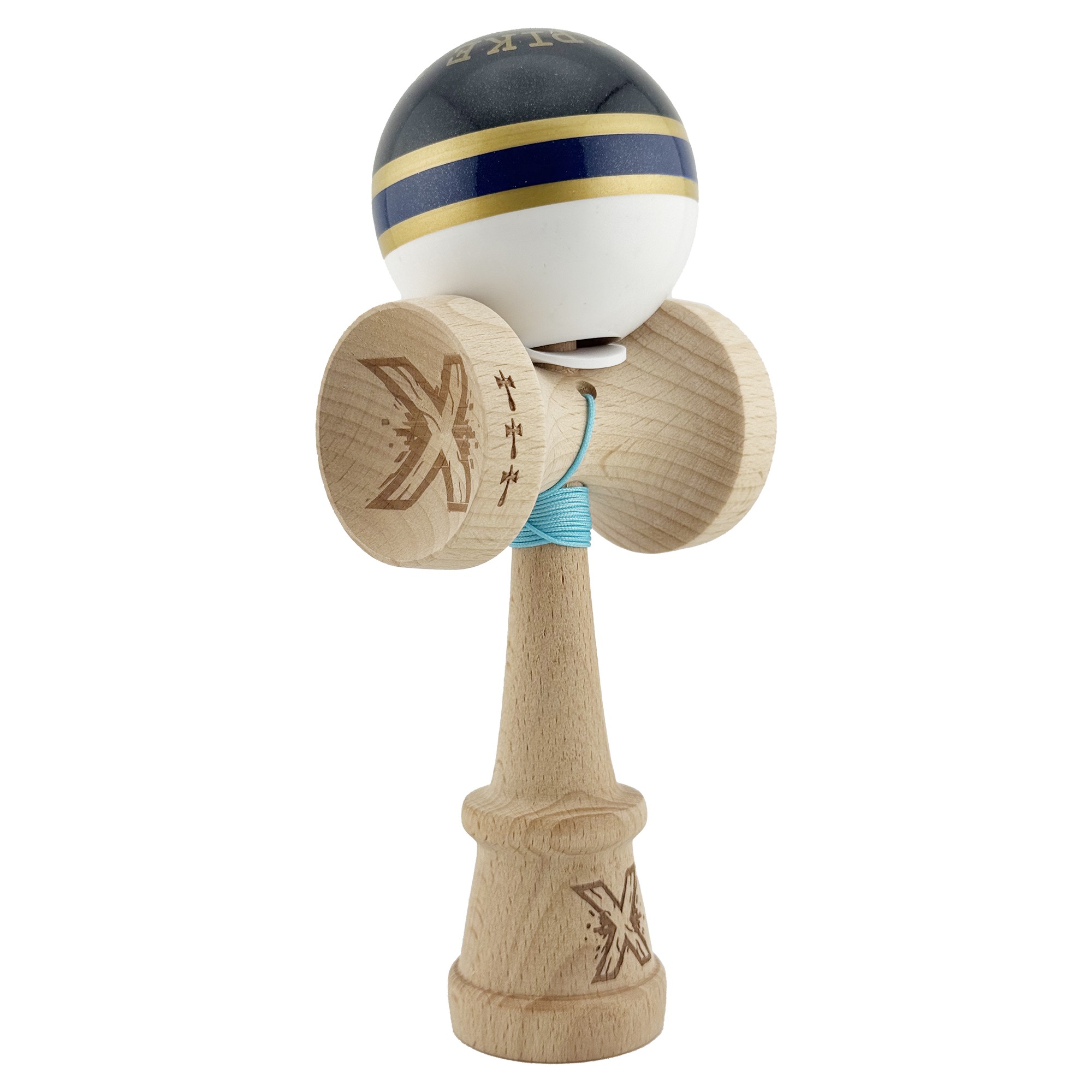 Kendama X Originala ROYAL SPIKE, Profesionala, Flippy, Cupe Mari KING SIZE V3, Super Sticky, Gaura in Baza, Rulment Metalic, din lemn 18 cm, Ata 55 cm, Inel Albastru inchis