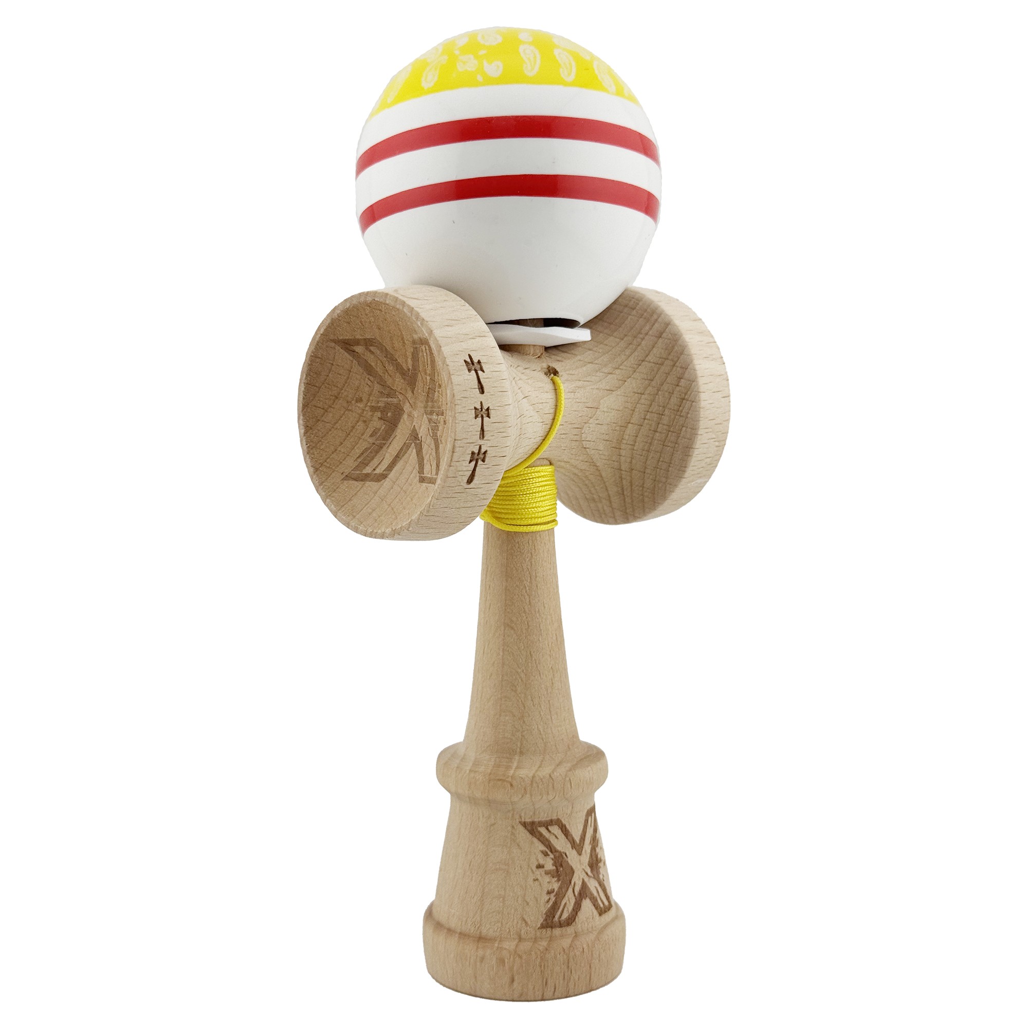 ✨TOATE PRODUSELE✨ - Kendama X Originala CHICANOS, Profesionala, , Cupe Mari KING SIZE V3, Super Sticky, Gaura in Baza, Rulment Metalic, din lemn 18 cm, Ata 55 cm, Galben/Alb