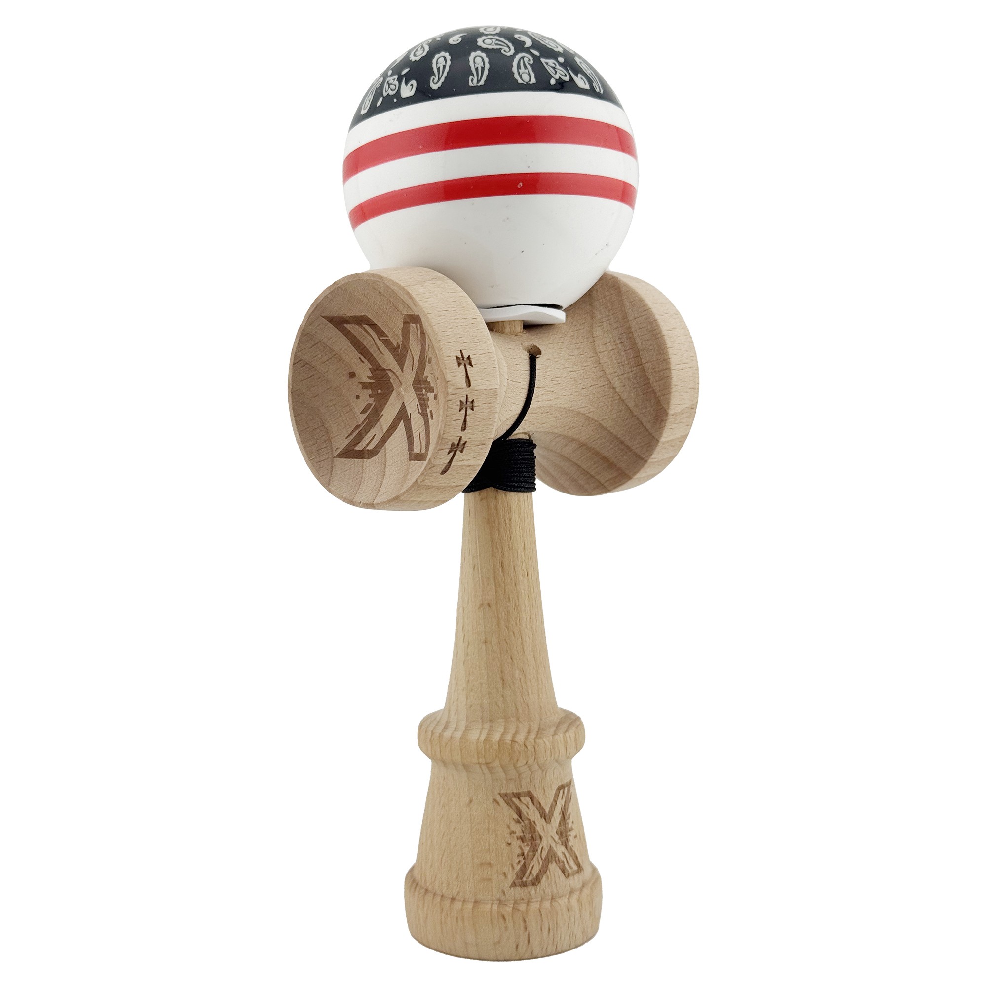 ✨TOATE PRODUSELE✨ - Kendama X Originala CHICANOS, Profesionala, , Cupe Mari KING SIZE V3, Super Sticky, Gaura in Baza, Rulment Metalic, din lemn 18 cm, Ata 55 cm, Negru/Alb