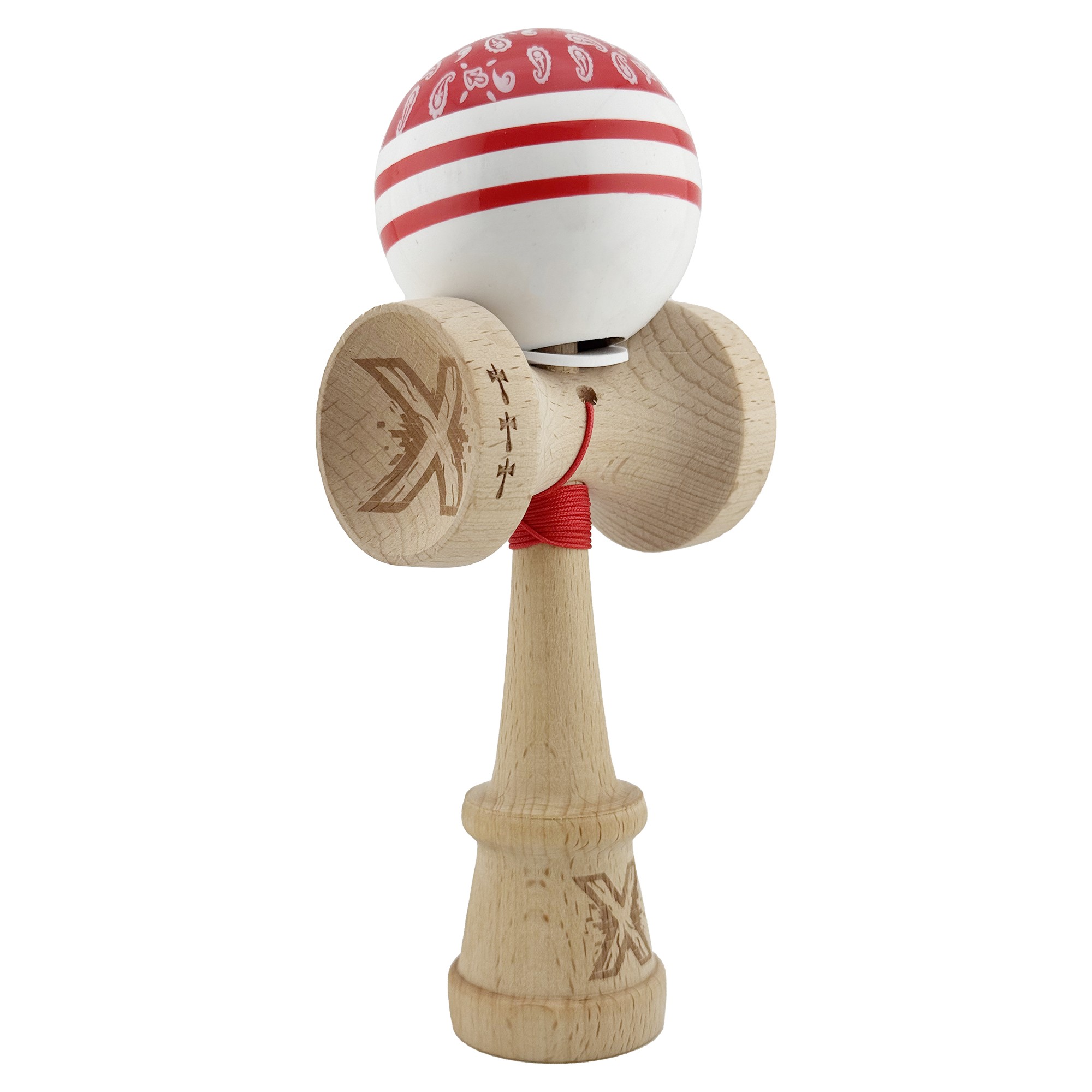 ✨TOATE PRODUSELE✨ - Kendama X Originala CHICANOS, Profesionala, , Cupe Mari KING SIZE V3, Super Sticky, Gaura in Baza, Rulment Metalic, din lemn 18 cm, Ata 55 cm, Rosu/Alb