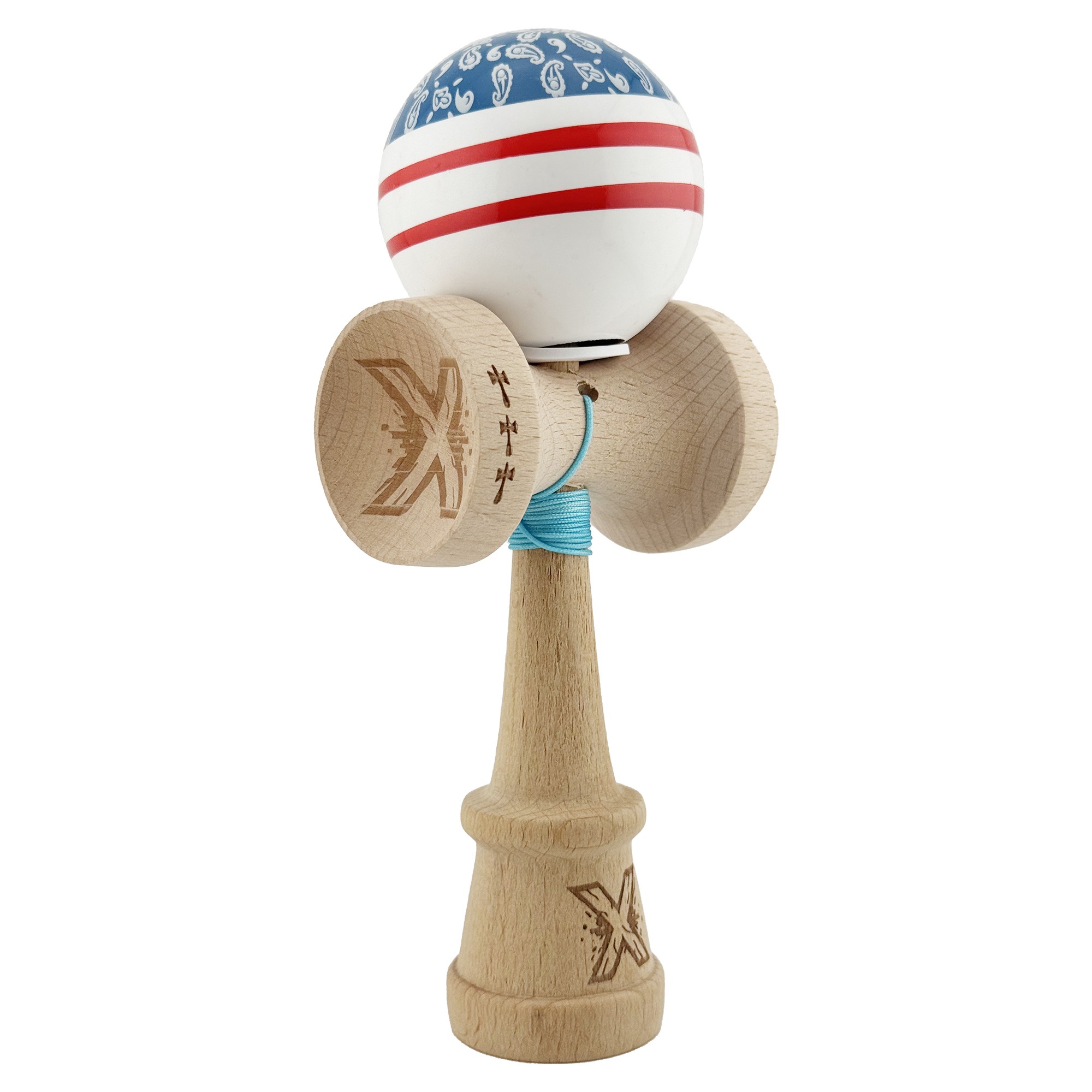✨TOATE PRODUSELE✨ - Kendama X Originala CHICANOS, Profesionala, , Cupe Mari KING SIZE V3, Super Sticky, Gaura in Baza, Rulment Metalic, din lemn 18 cm, Ata 55 cm, Albastru/Alb