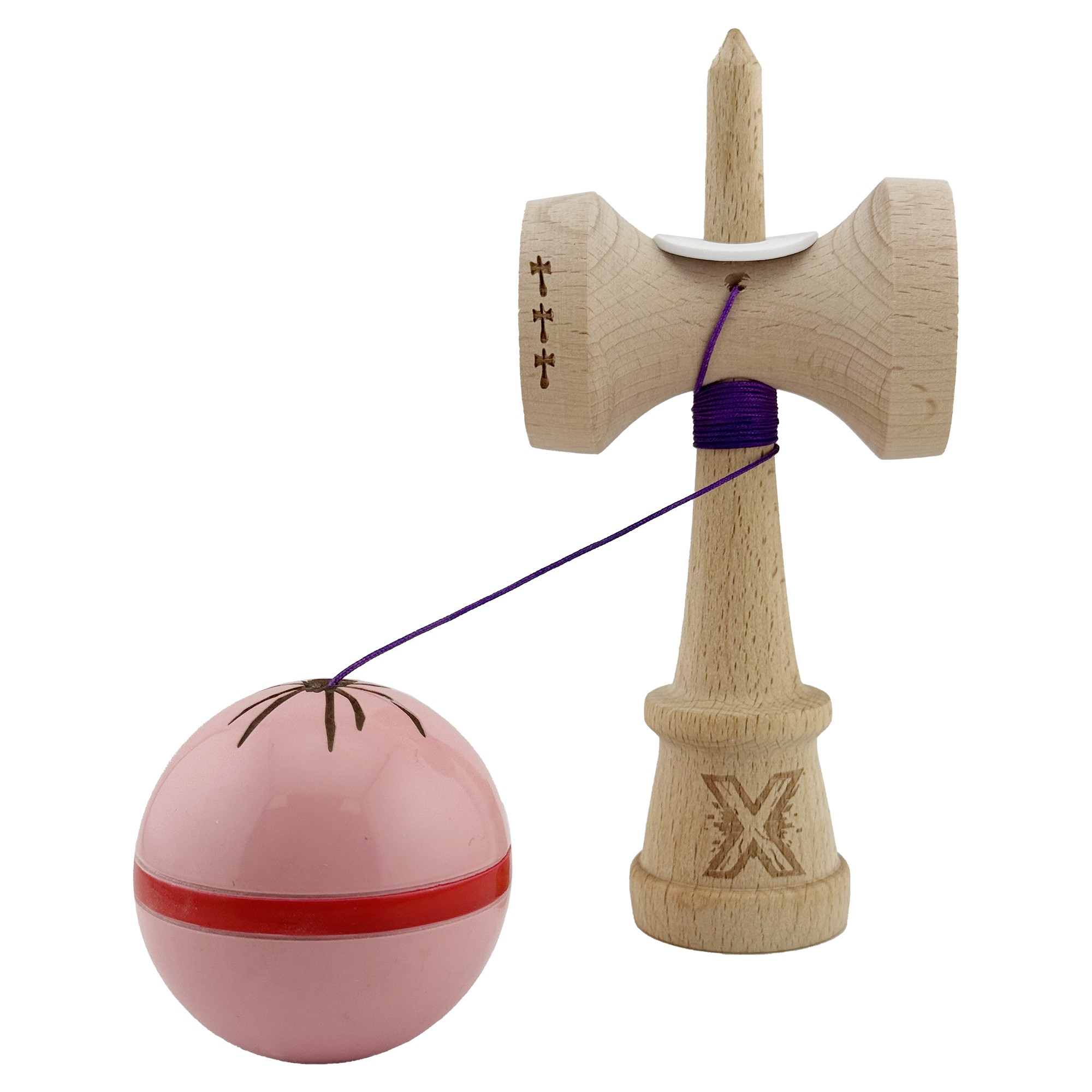 Kendama X Originala Silken, Profesionala, Flippy, Cupe Mari KING SIZE V3, Super Sticky, Gaura in Baza, Rulment Metalic, din lemn 18 cm, Ata 55 cm, Roz