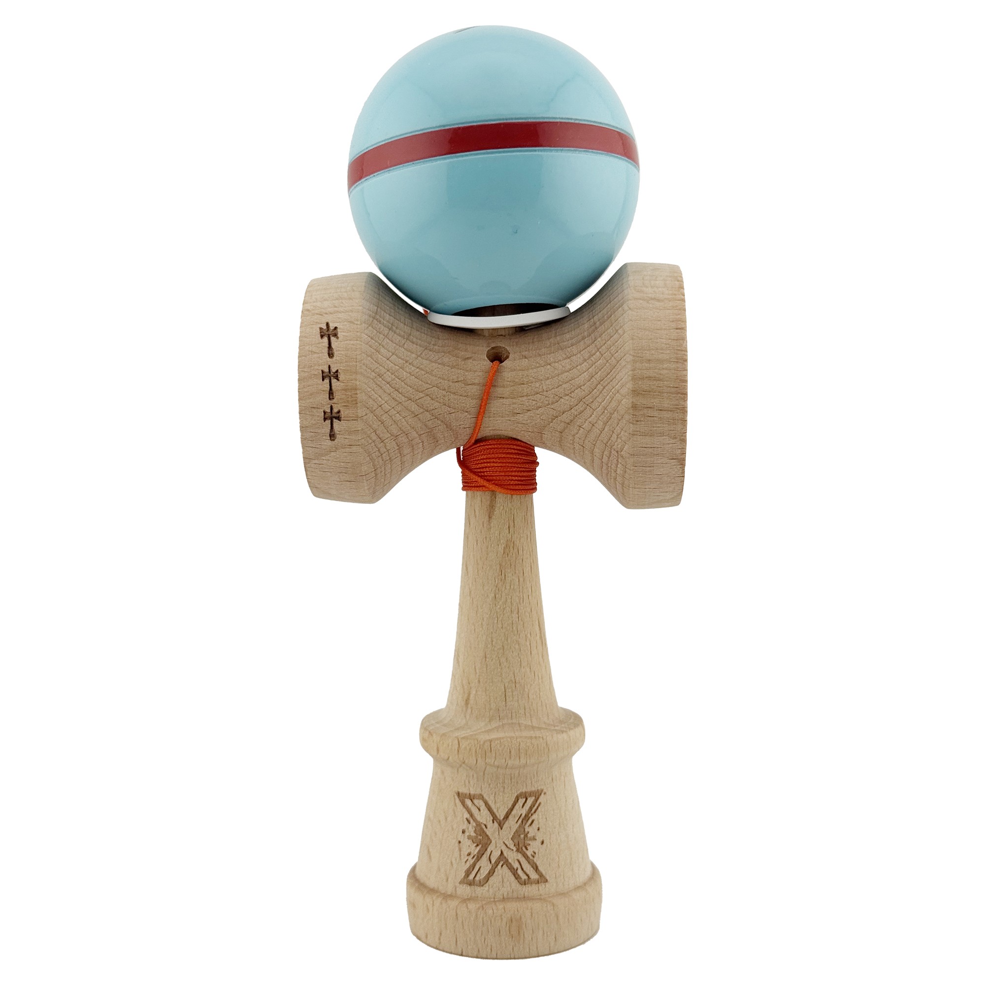 Kendama X Originala Silken, Profesionala, Flippy, Cupe Mari KING SIZE V3, Super Sticky, Gaura in Baza, Rulment Metalic, din lemn 18 cm, Ata 55 cm, Albastru deschis
