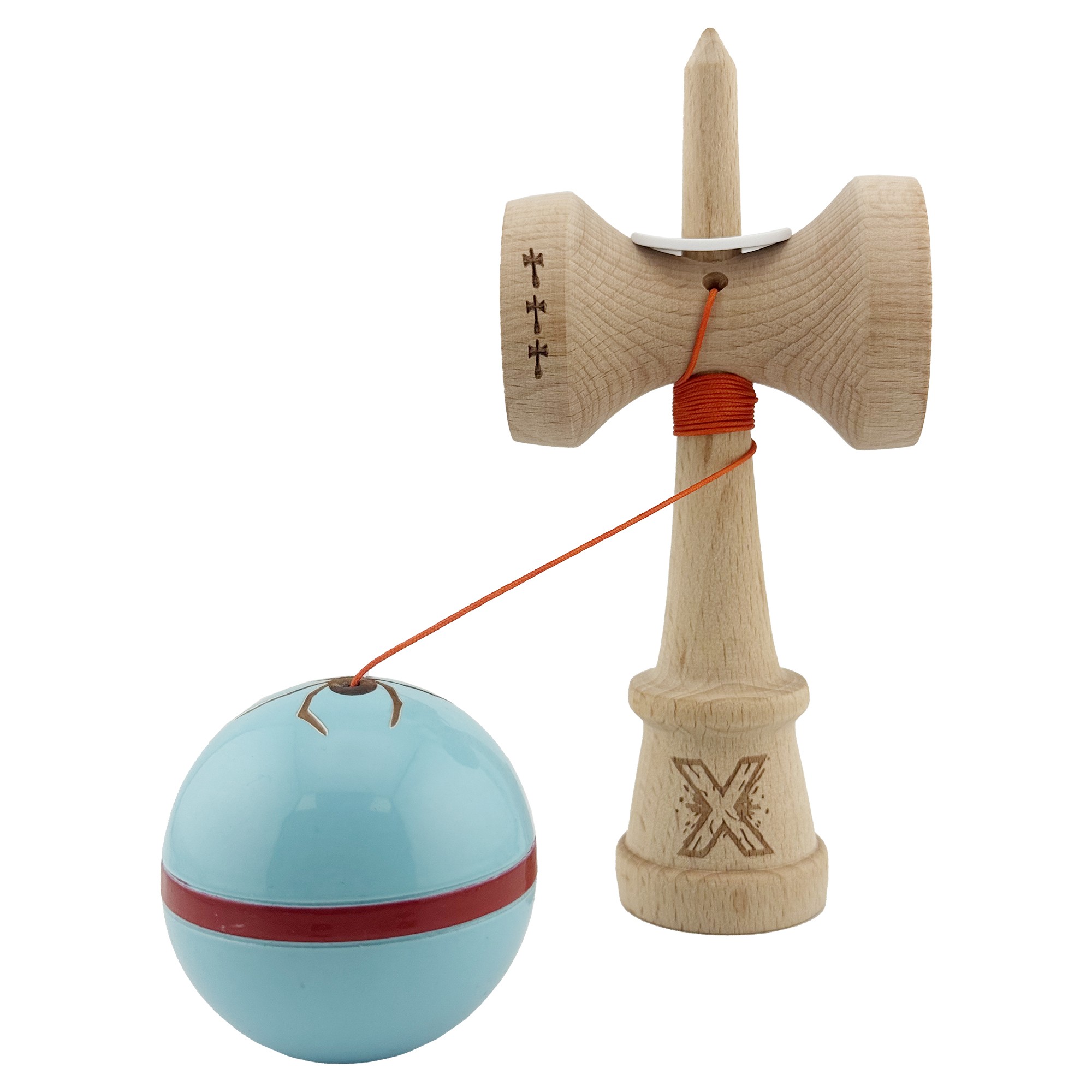 Kendama X Originala Silken, Profesionala, Flippy, Cupe Mari KING SIZE V3, Super Sticky, Gaura in Baza, Rulment Metalic, din lemn 18 cm, Ata 55 cm, Albastru deschis