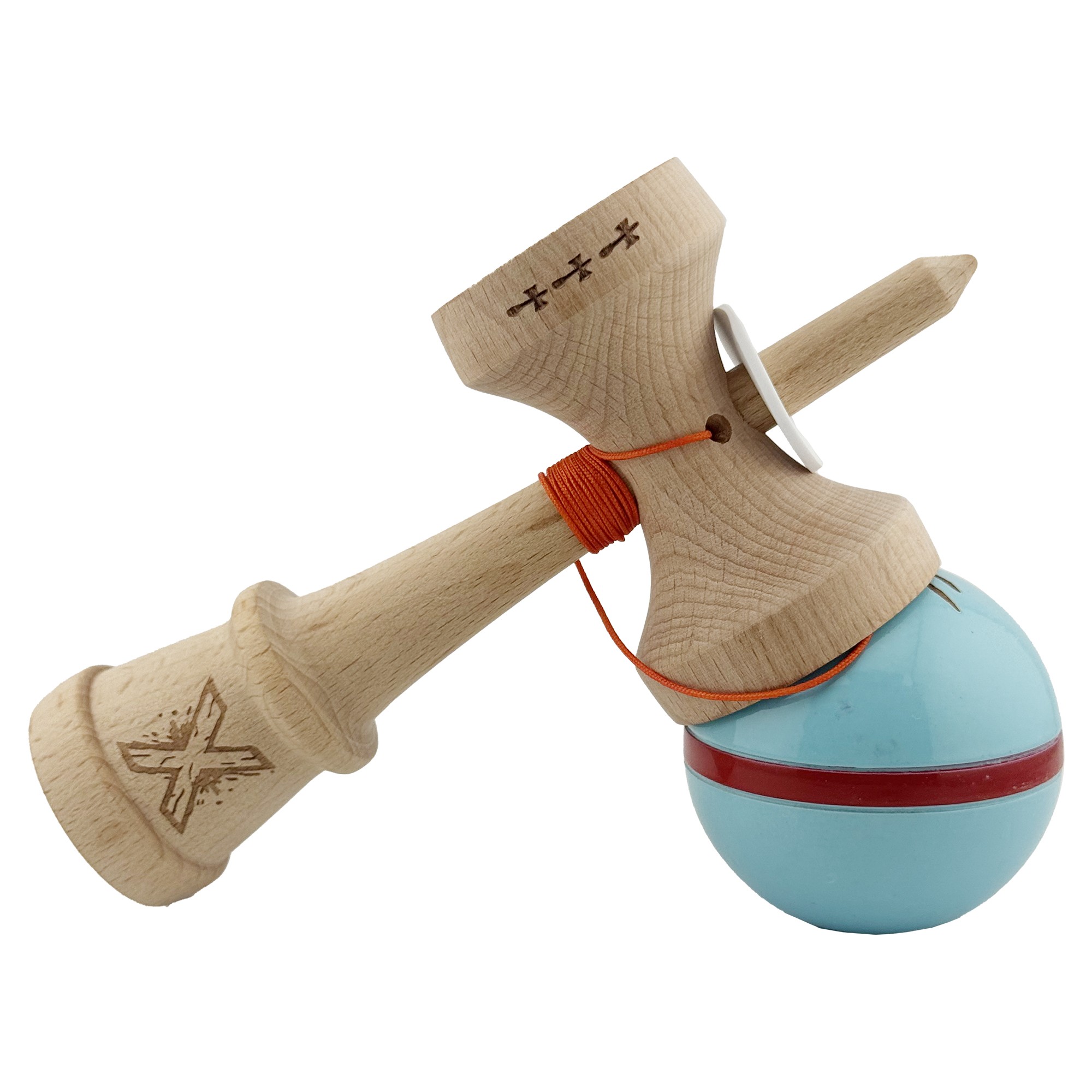Kendama X Originala Silken, Profesionala, Flippy, Cupe Mari KING SIZE V3, Super Sticky, Gaura in Baza, Rulment Metalic, din lemn 18 cm, Ata 55 cm, Albastru deschis