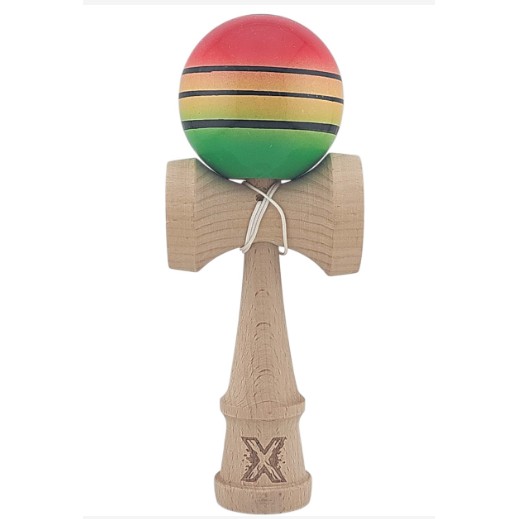 Kendama Originala X - Chicanos, Super Sticky, V3 King Size Cup, Gaura in Baza, Profesionala, Flippy -Big cup  -, din Lemn, 18 cm, Gradient Rosu/Galben/Verde