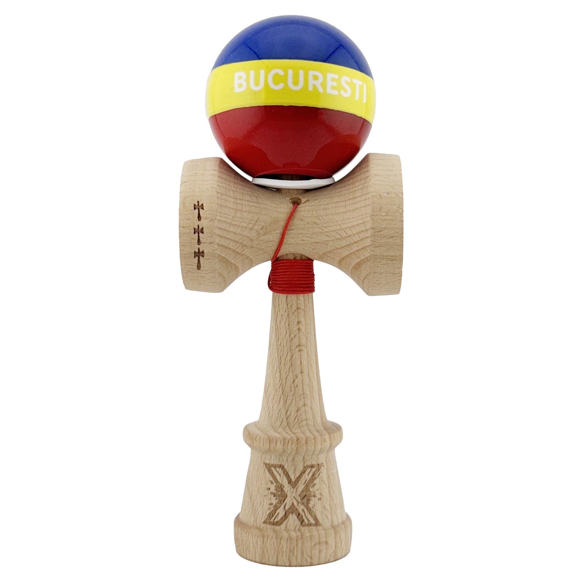 Kendama X Originala, Profesionala, Flippy, Tricolor Edition BUCURESTI, Super Sticky cu Cupe Mari KING SIZE V3, Rulment Metalic si Gaura in Baza, din Lemn 18 cm, Ata 55 cm, Multicolor