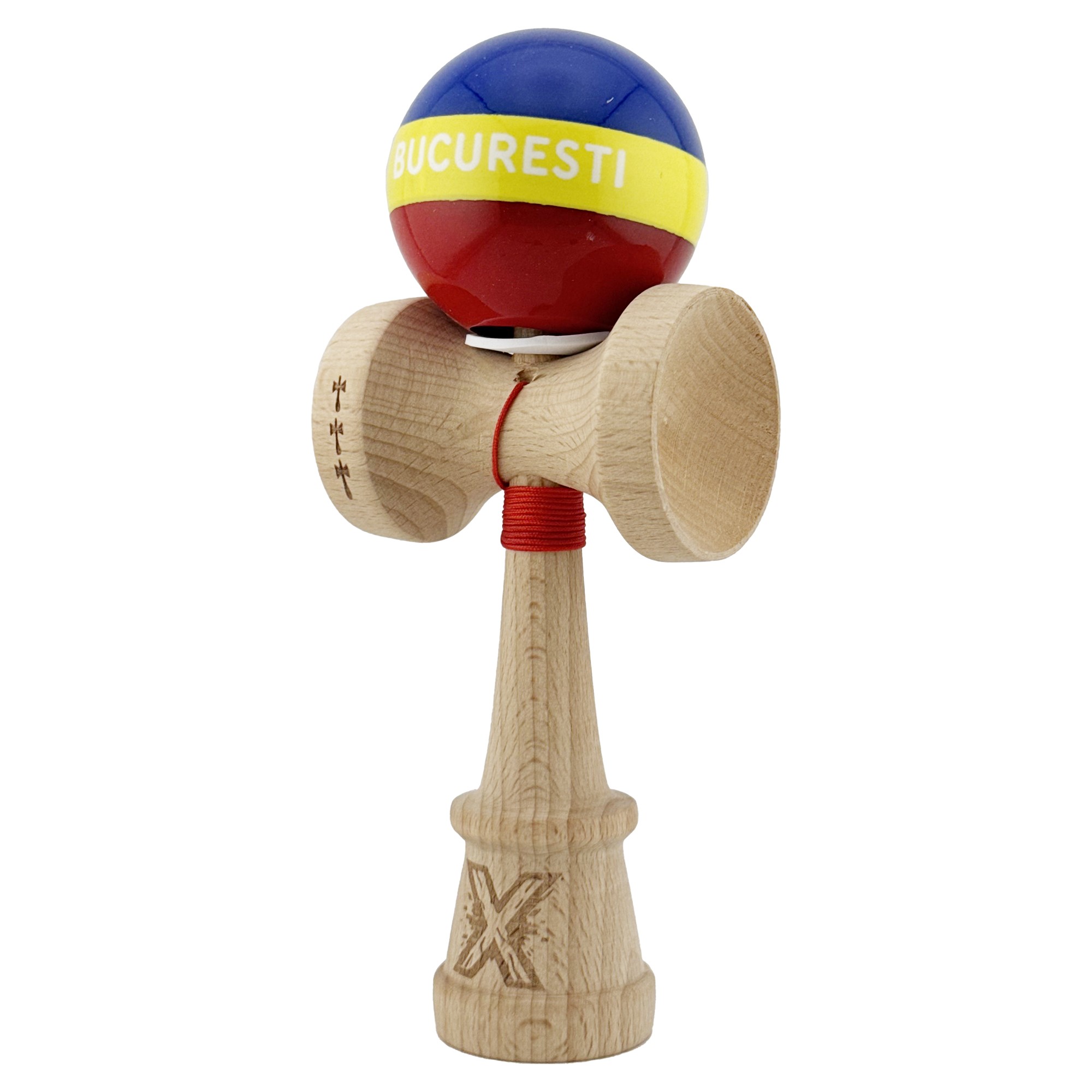 Kendama X Originala, Profesionala, Flippy, Tricolor Edition BUCURESTI, Super Sticky cu Cupe Mari KING SIZE V3, Rulment Metalic si Gaura in Baza, din Lemn 18 cm, Ata 62/65 cm, Multicolor