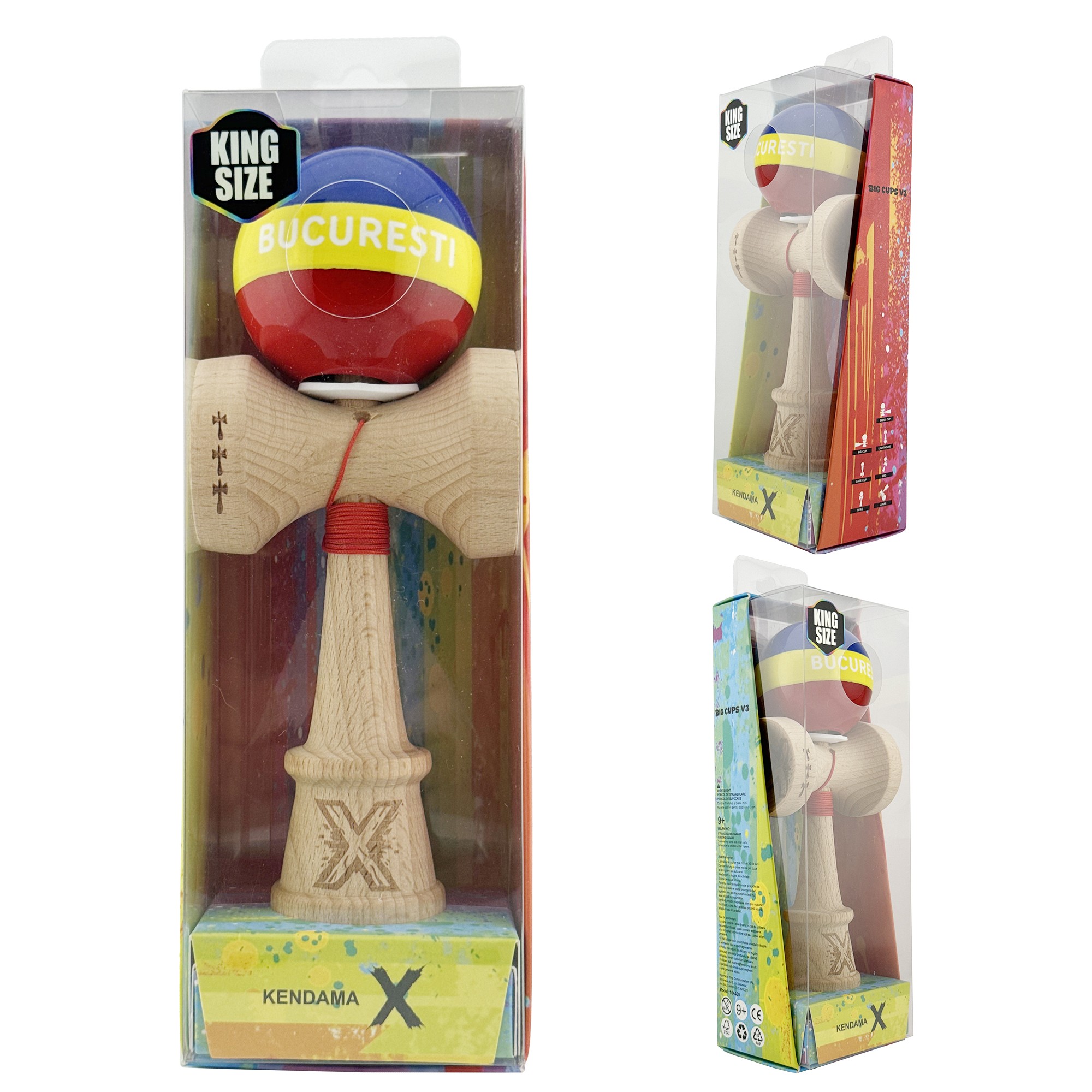 Kendama X Originala, Profesionala, Flippy, Tricolor Edition BUCURESTI, Super Sticky cu Cupe Mari KING SIZE V3, Rulment Metalic si Gaura in Baza, din Lemn 18 cm, Ata 62/65 cm, Multicolor